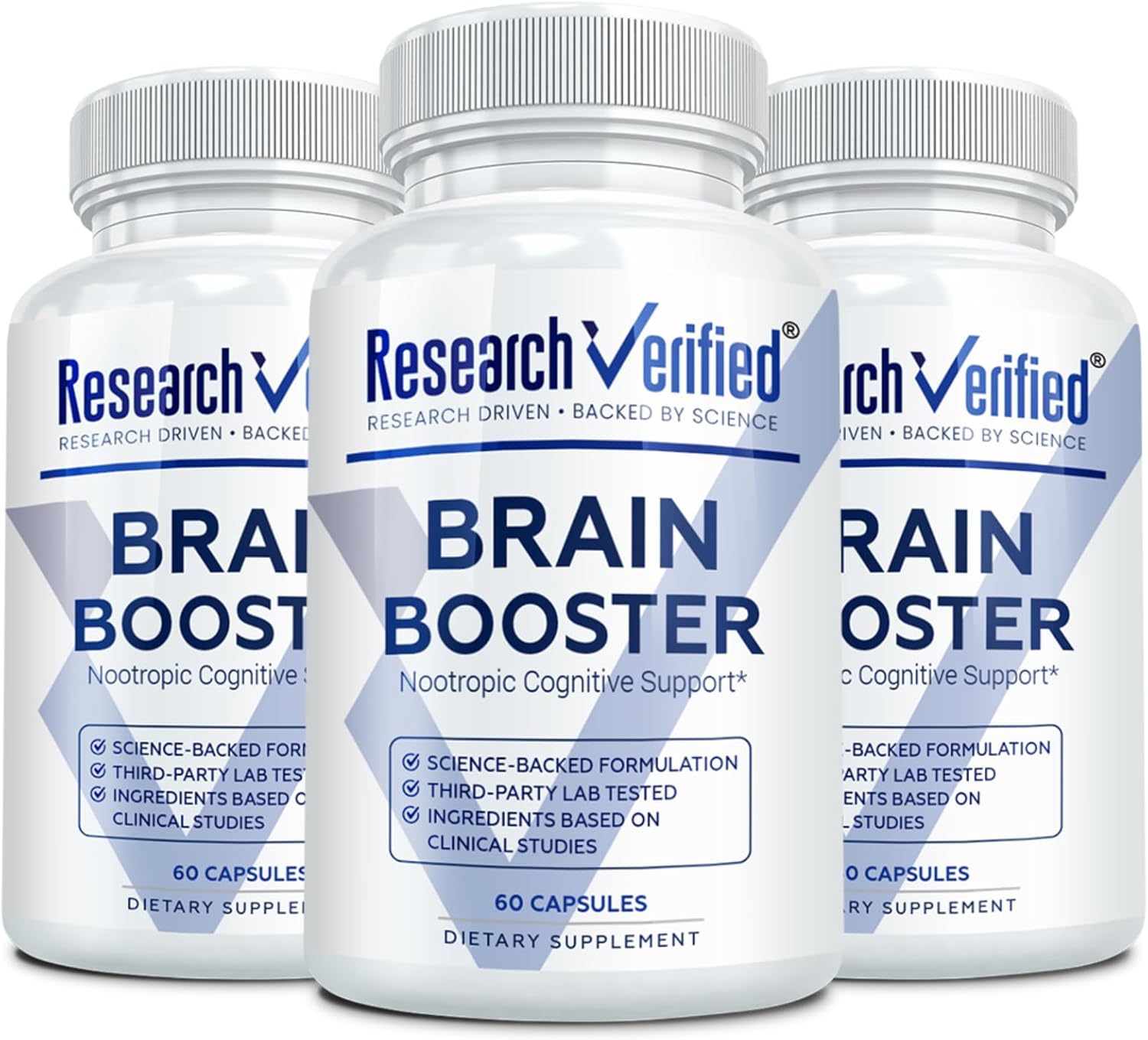 Research Verified Brain Booster – Brain Supplement for Memory and Focus, Nootropic Supplement for Cognitive Support – 180 Vegan Capsules – 3 Bottles