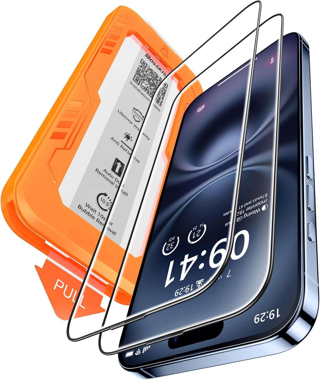 BossKiss for iPhone 15/iPhone 16 Screen Protector, TOP 9H Hardness Military Grade Shatterproof HD Tempered Glass, Full Coverage Anti-Scratch Easy Installation Case Friendly 2 Pack