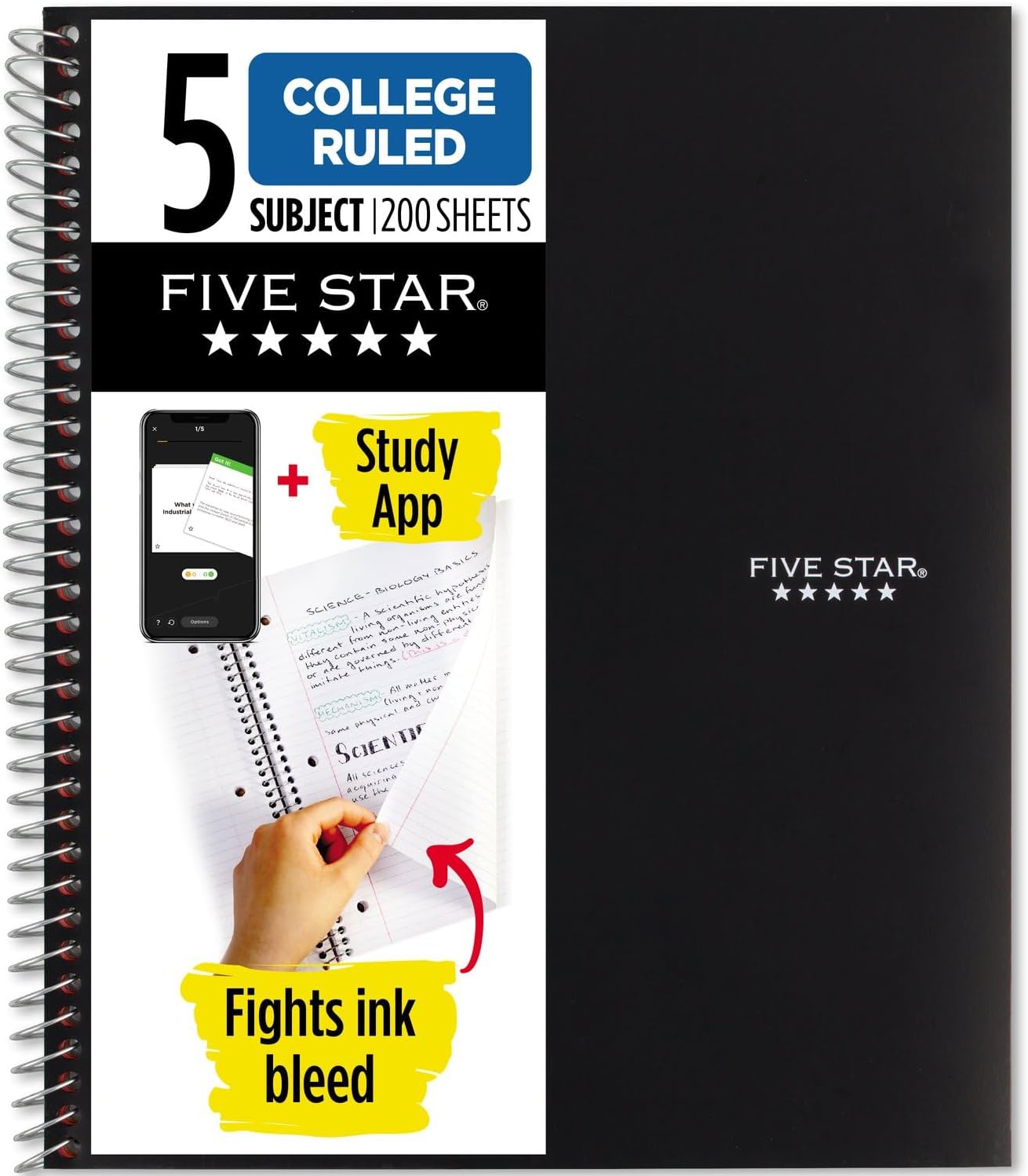 Five Star Spiral Notebook + Study App, 5 Subject, College Ruled Paper, 8-1/2″ x 11″, 200 Sheets, Fights Ink Bleed, Water Resistant Cover, Black (72081)