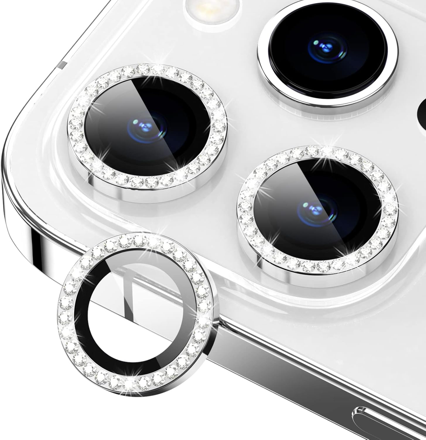 Xfilm for iPhone 14 Pro/14 Pro Max Camera Lens Protector Bling, 9H Hardness Scratchproof Metal Individual Ring Protector, Stylish Accessories, Case Friendly (Silver Diamond pro)