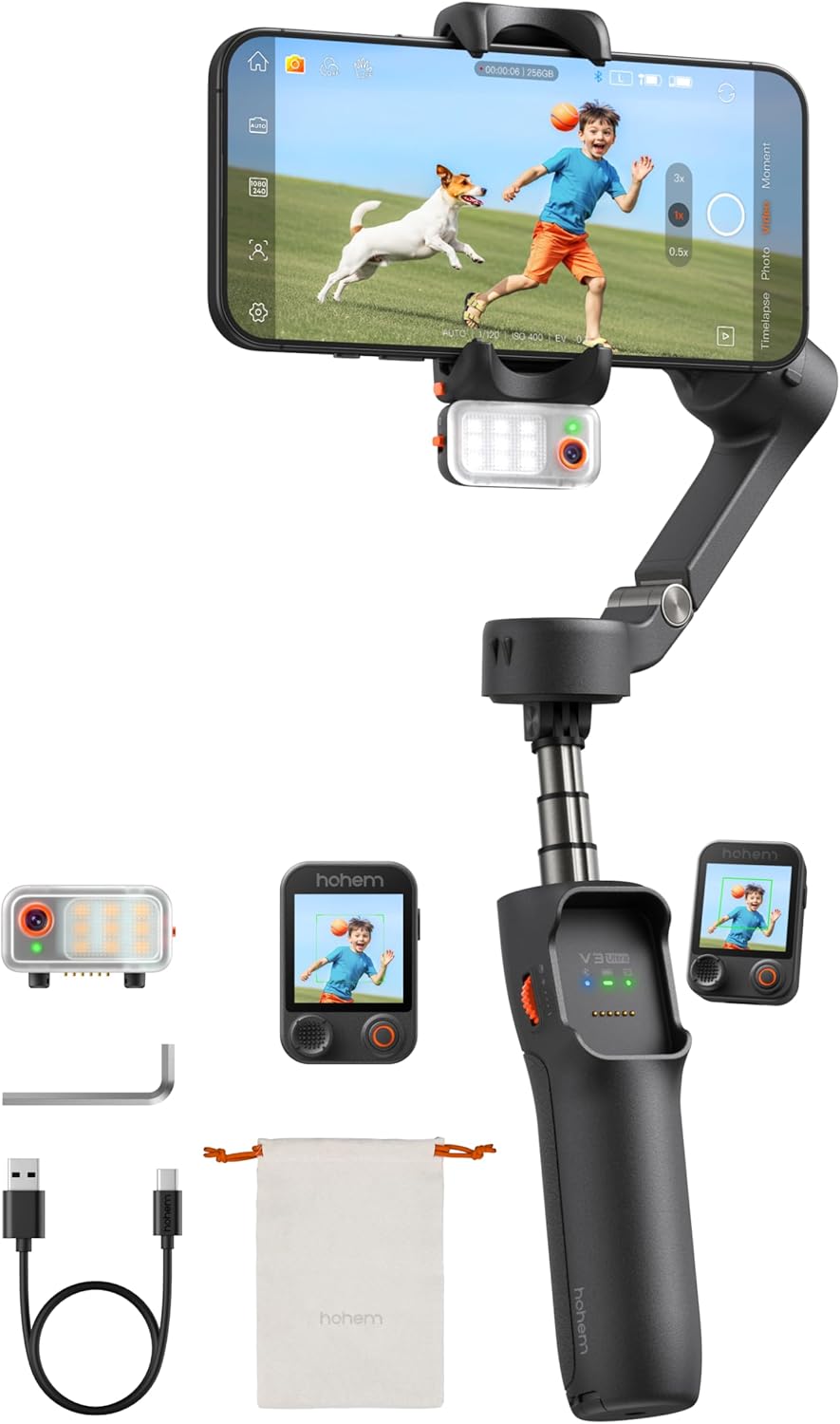 Hohem iSteady V3 Ultra Gimbal Stabilizer for iPhone, AI Tracker with Light, 1.22″ Full-color Touchscreen Remote Control, Built-In Extension Rod & Tripod, 360° Infinite Tracking, Video Recording, Black