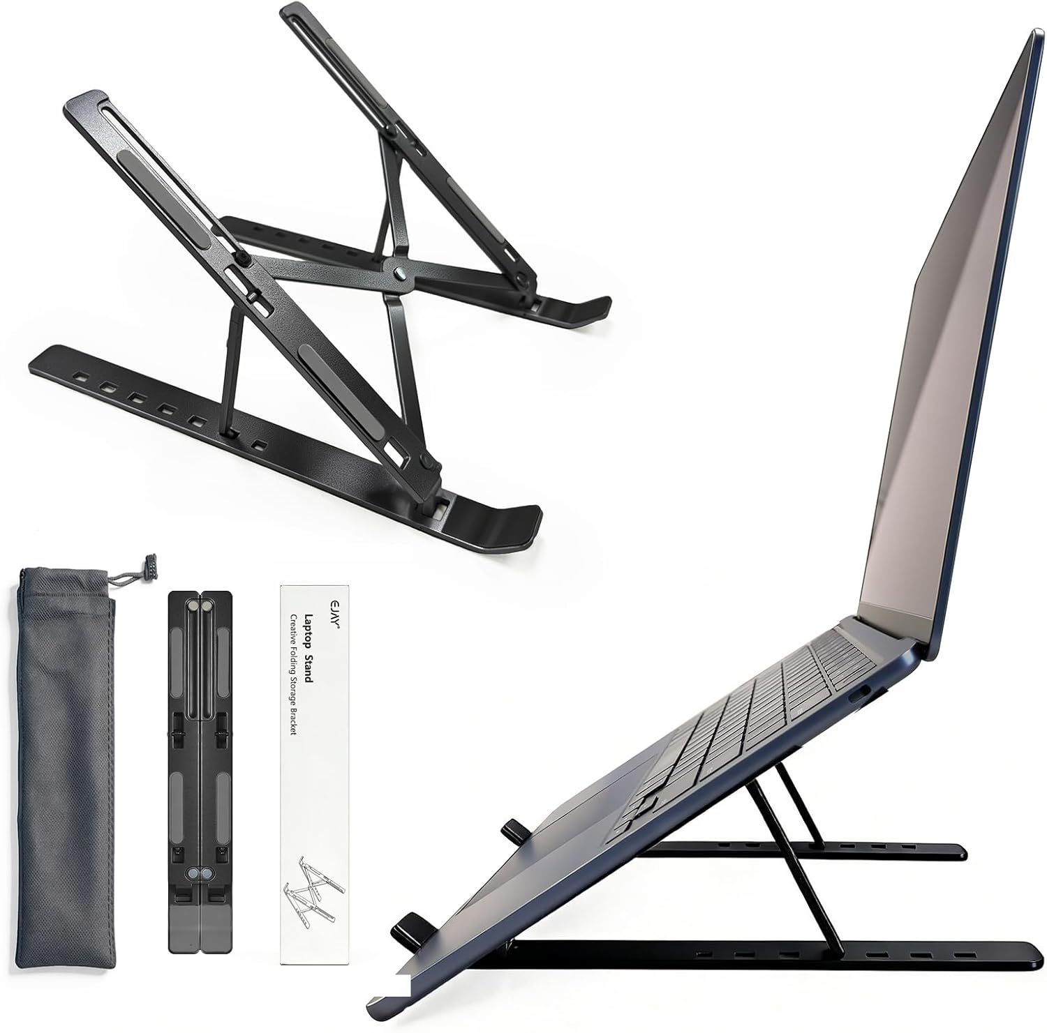 EJAY Laptop Stand for Desk, Aluminum Adjustable Laptop Riser & Ventilated Holder, Foldable Portable Computer Stand for 10-15.6 inch Laptops (Black)
