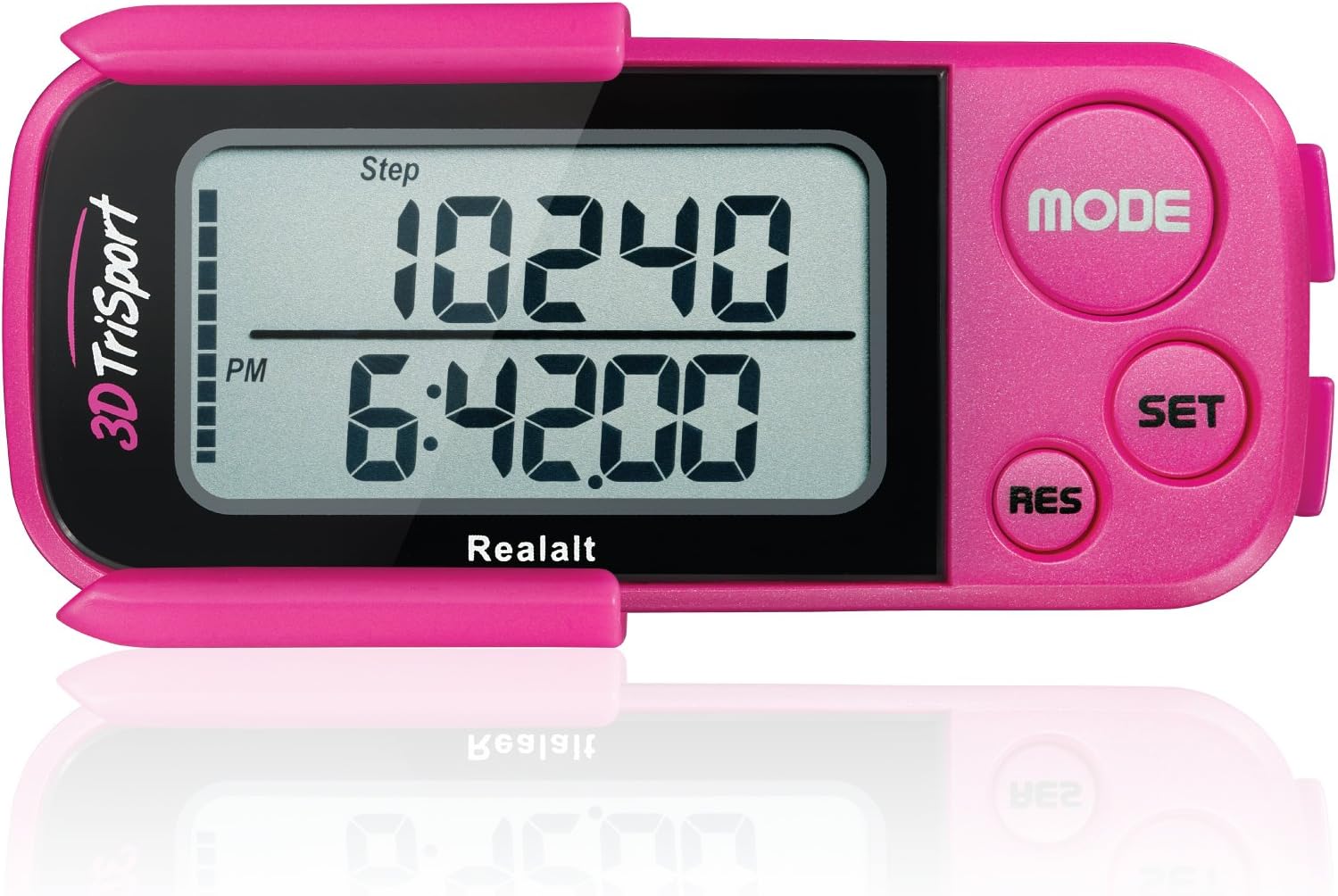 Realalt 3DTriSport Walking 3D Pedometer with Clip & Strap, eBook Included 30 Days Memory Accurate Step Counter, Walking Distance Miles/Km, Calorie Counter, Daily Exercise Time Monitor