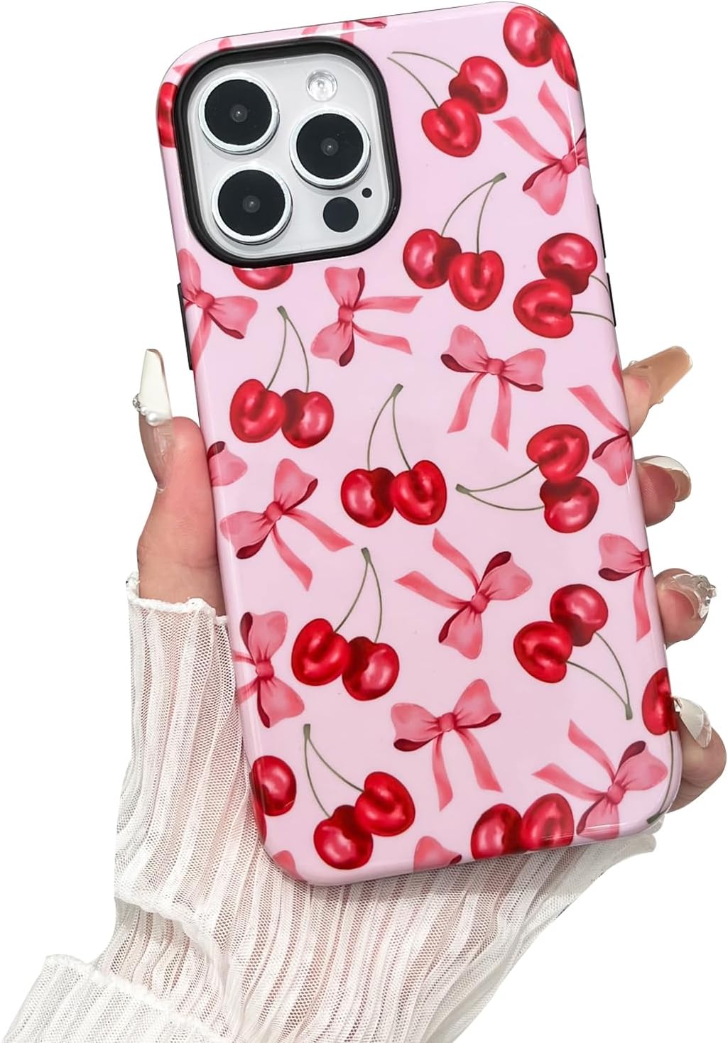 Compatible with iPhone 15 Pro Max Case, Cute Pink Cherry Bow Pattern with Shockproof Slim Soft TPU and Hard PC Protective Cover for Women Designed for iPhone 15 Pro Max Case, Glossy