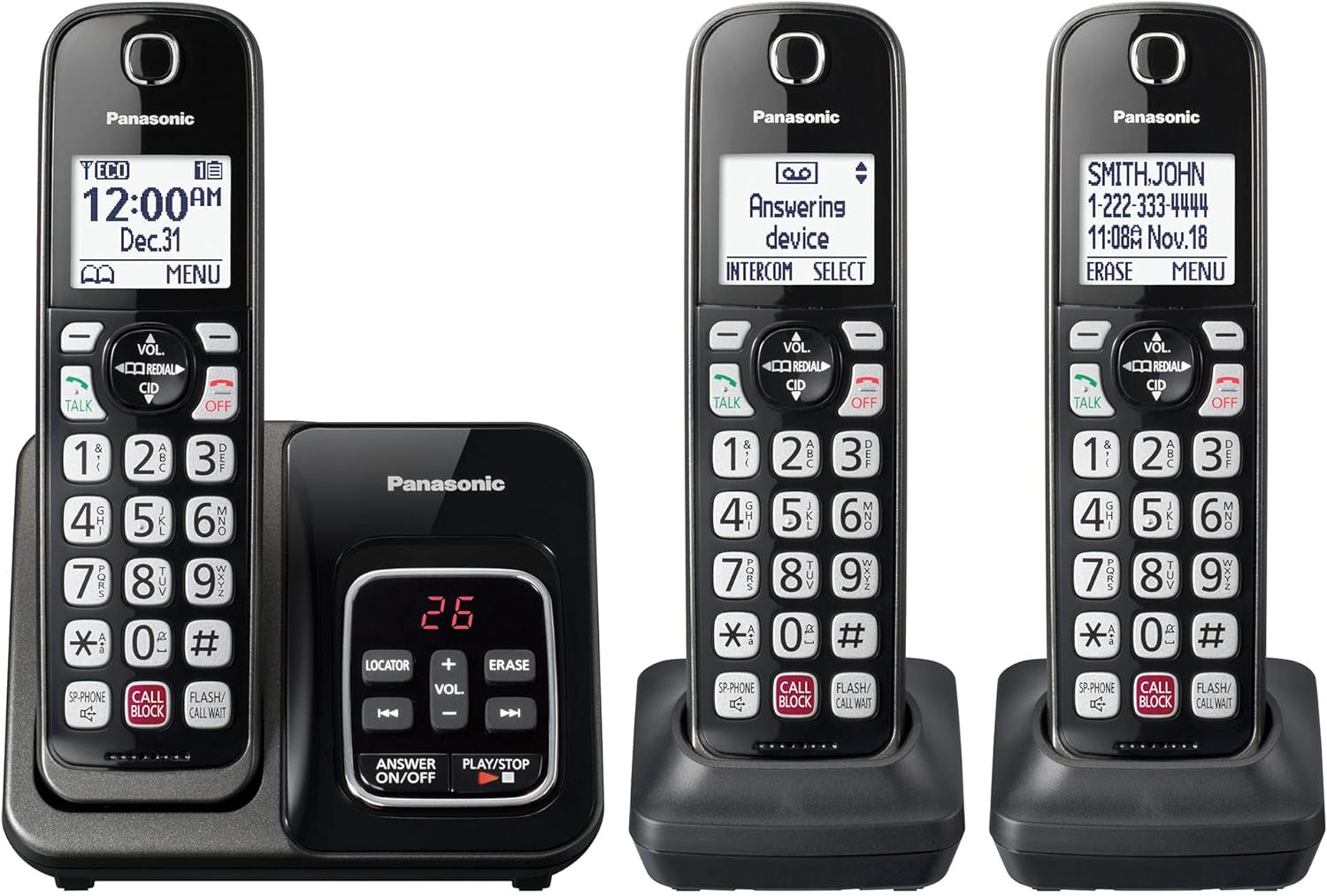Panasonic Cordless Phone with Answering Machine, Advanced Call Block, Bilingual Caller ID and High-Contrast Display, Expandable System with 3 Handset Cordless Telephones – KX-TGD833M (Metallic Black)