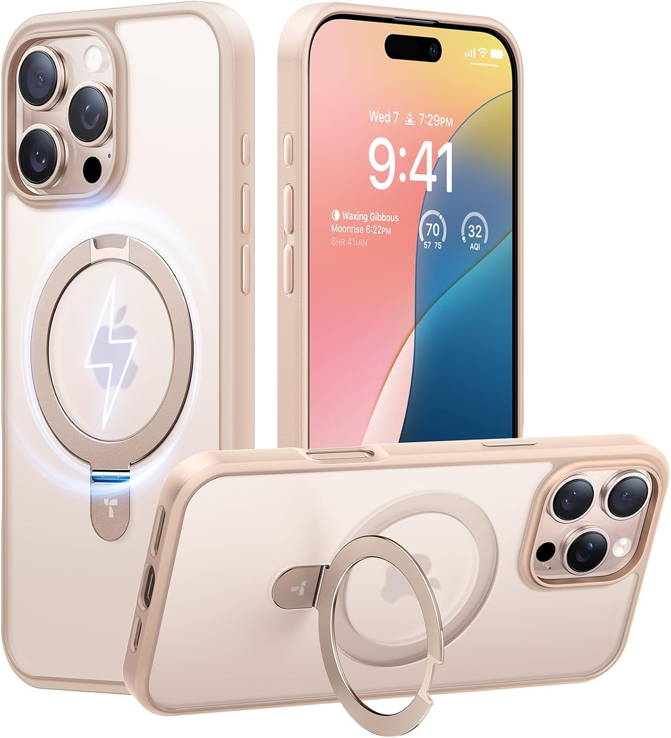 TORRAS Desert Titanium for iPhone 16 Pro Case Magnetic Stand, [Compatible with MagSafe][Flexible Stable Stand] Mil-Grade Protection Translucent Slim Anti-Scratch Ring Kickstand, Rose Gold 6.3″, Ostand