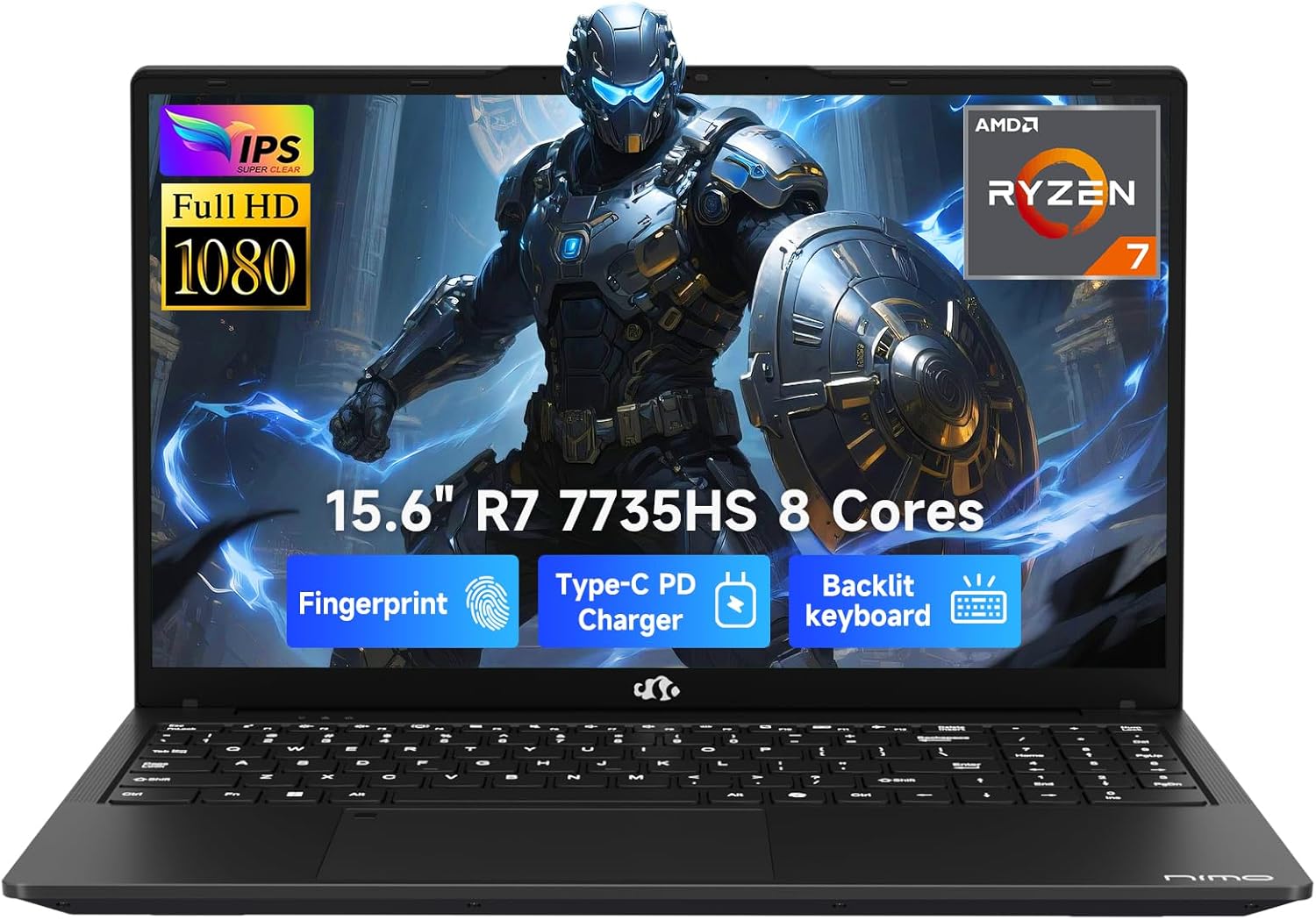 NIMO 15.6″ IPS FHD Gaming-Laptop, AMD Ryzen 7 7735HS (8C/16T, Up to 4.75GHz) 16GB DDR5 RAM 512GB SSD Business-Computer with Radeon 680M Graphics 100W Type-C Backlit Keyboard Fingerprint