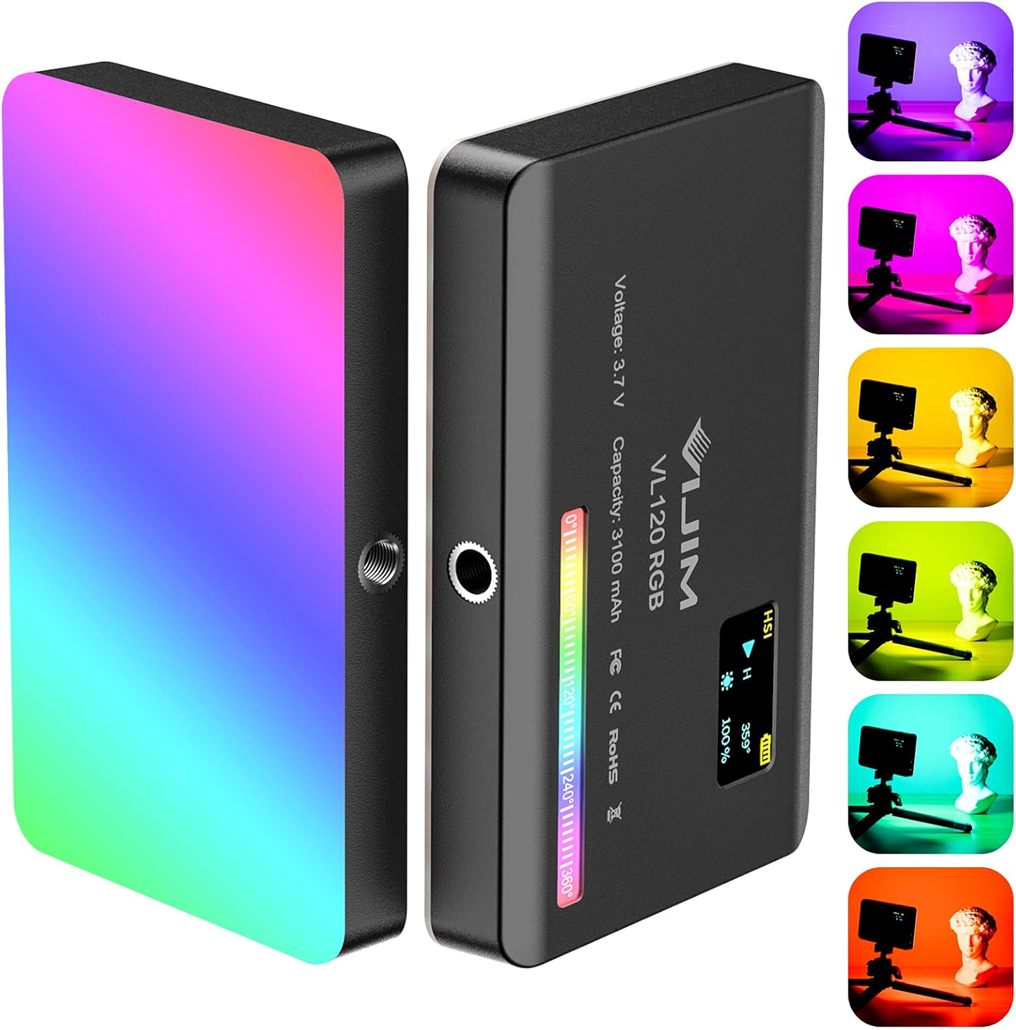 VIJIM VL120 RGB Video Light, Portable LED Camera Light Panel 0-360 Full Color, CRI 95+ 2500-9000K LED 3100mAh Rechargeable DSLR Lighting for Vlogging, Photography, Video Conference