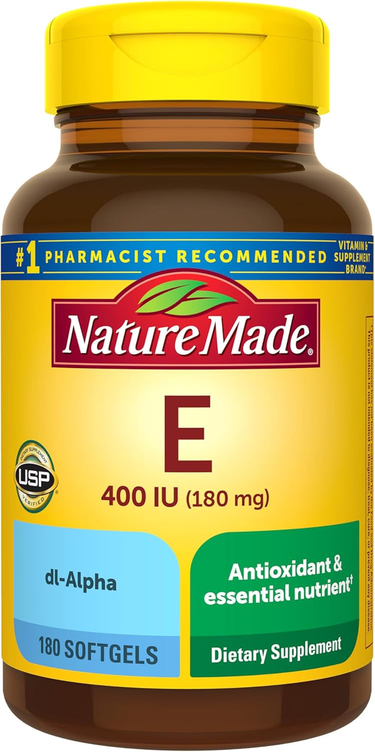 Nature Made Vitamin E 180 mg (400 IU) dl-Alpha, Dietary Supplement for Antioxidant and Skin Support, 180 Softgels, 180 Day Supply