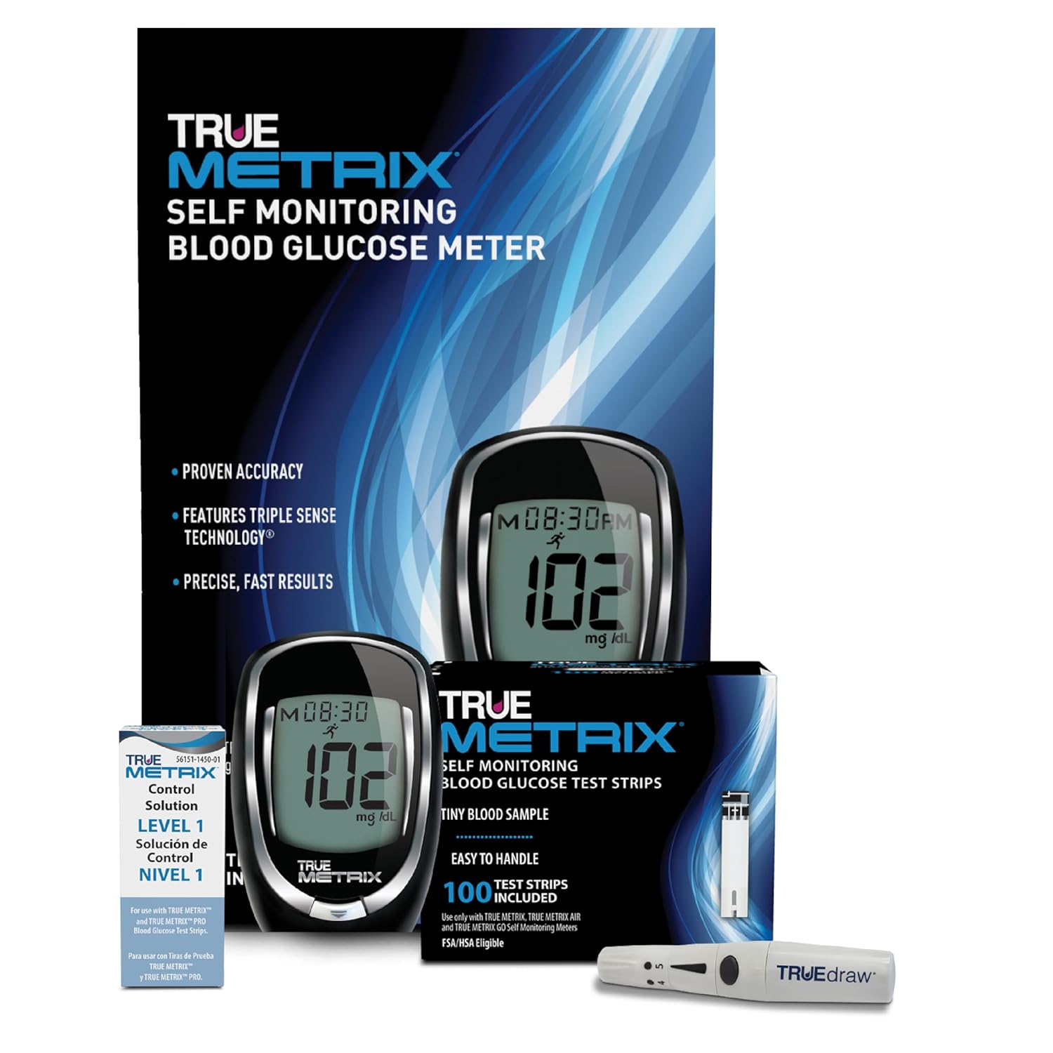 TRUE METRIX Meter Starter Kit – Blood Glucose Meter, Case, 100 Test Strips, Lancing Device, Control Solution – Fast, Easy Testing Supplies for Home Use