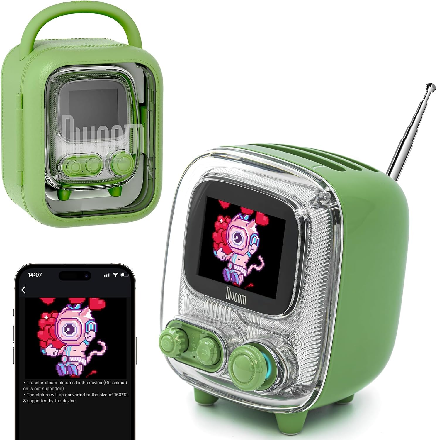 Divoom Tiivoo-2 Portable Bluetooth Speaker with FM Radio,Pixel Art Retro Mini Small Cute Wireless Speaker,Vintage Decor Suitable for Party Office Desk Home Bedroom Kitchen,Gifts for Women Men,Green