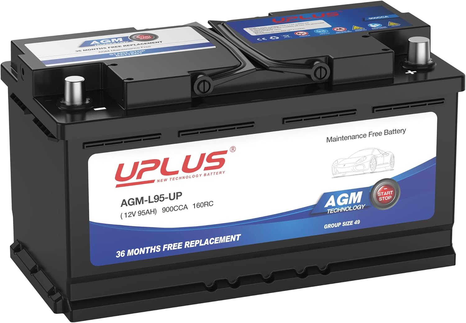 UPLUS BCI Group 49 Car Battery, AGM-L95-UP Maintenance Free 12V 95Ah Premium AGM Batteries H8 L5 Automotive Battery, 900CCA, 160RC