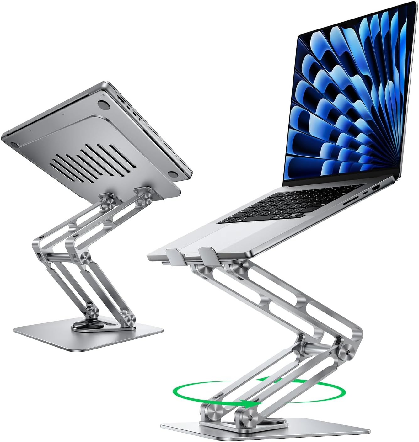 MAGIC JOHN Triple-Fold Laptop Stand for Desk with 360 Rotating Base, Adjustable Laptop Riser, Portable Laptop Holder, Ergonomic Computer Notebook Stand for MacBook, Dell, HP Up to 17.3” Laptops