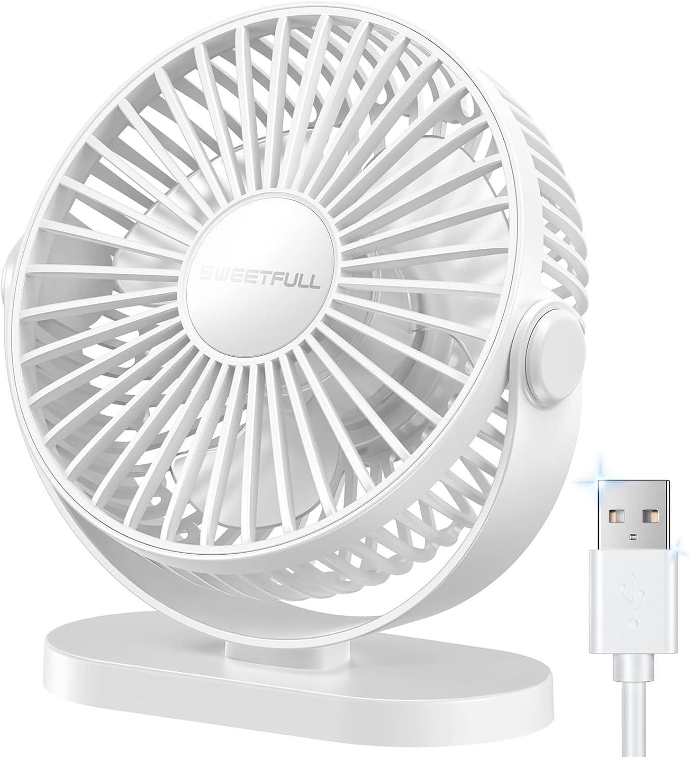 SWEETFULL USB Desk Fan Small Quiet – 3 Speeds Mini Personal Portable Fan 360° Rotation Adjustable, 5.5 Inch Office Table Cooling Gadgets on Desktop (White)