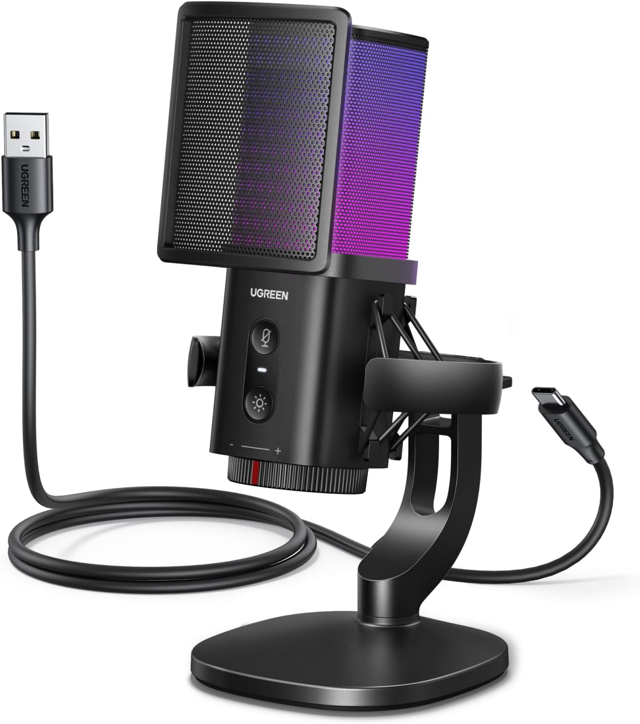 UGREEN USB Gaming Microphone for Streaming & Voice Chat, 24bit/96kHz Condenser Mic with Quick Mute, Zero-Latency Monitoring, Pop Filter, Shock Mount, & RGB Light for PC, PS5, Discord, Podcasts
