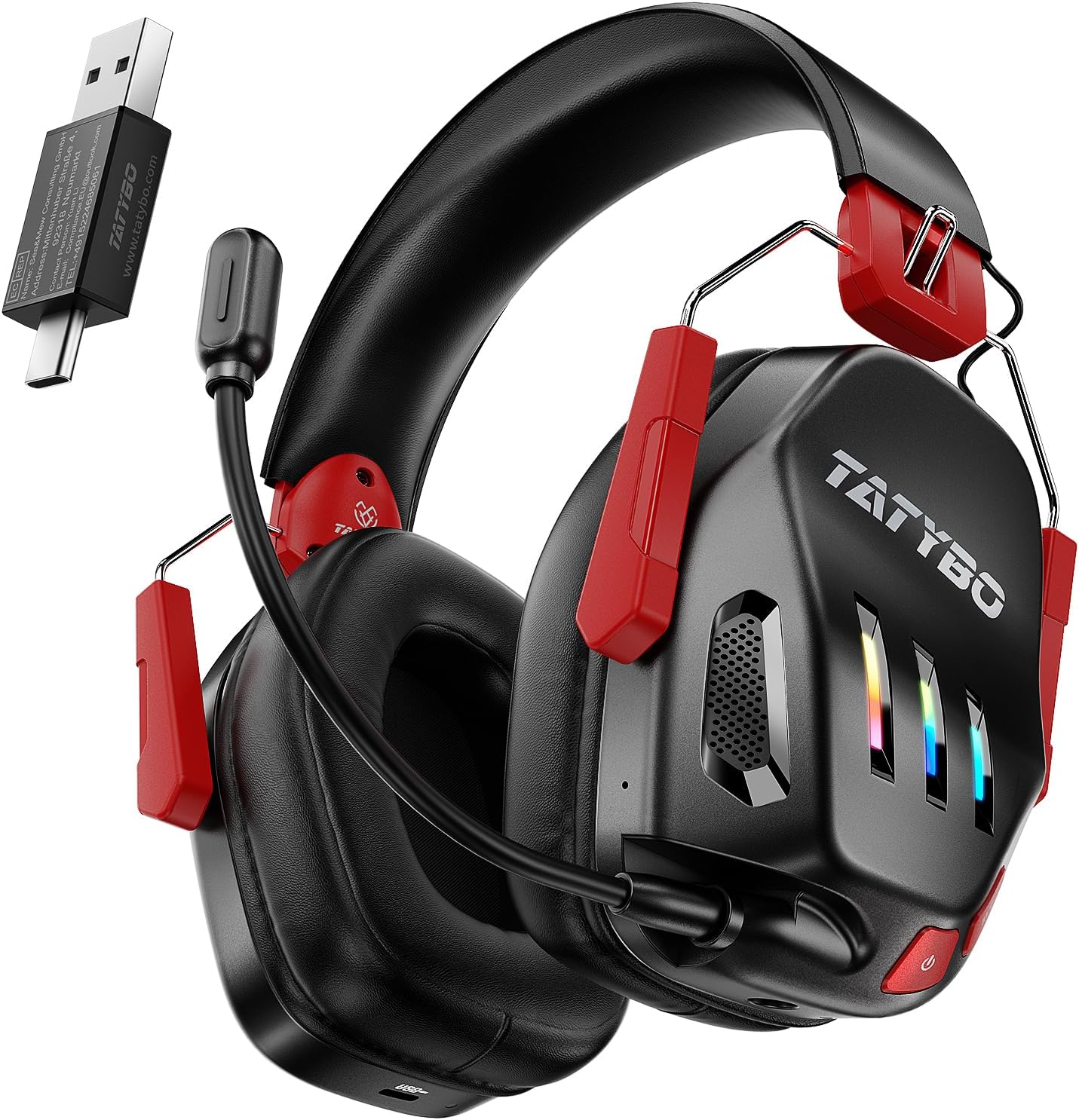 Tatybo Wireless Gaming Headset for PC, Ps4, Ps5, 2.4GHz USB & Type-C, Bluetooth 5.3 Gaming Headphone with Detachable Noise Cancelling Microphone, Low-Latency for Switch, Laptop, Mobile Gamers – Red