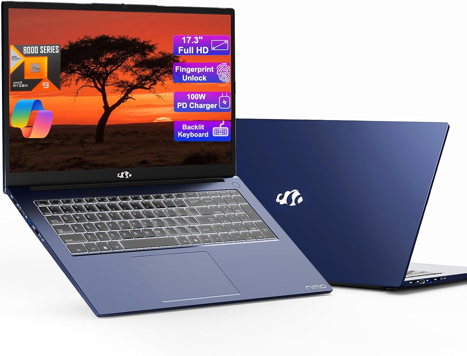 NIMO Gaming-Laptop, 17.3″ IPS FHD 1080P Display, AMD Ryzen 9 8945HS 32GB DDR5 RAM 1TB SSD (Beat i9-13900H Up to 5.2GHz) Radeon 780M GPU, AI PC, 100W Type-C Backlit Keyboard Fingerprint