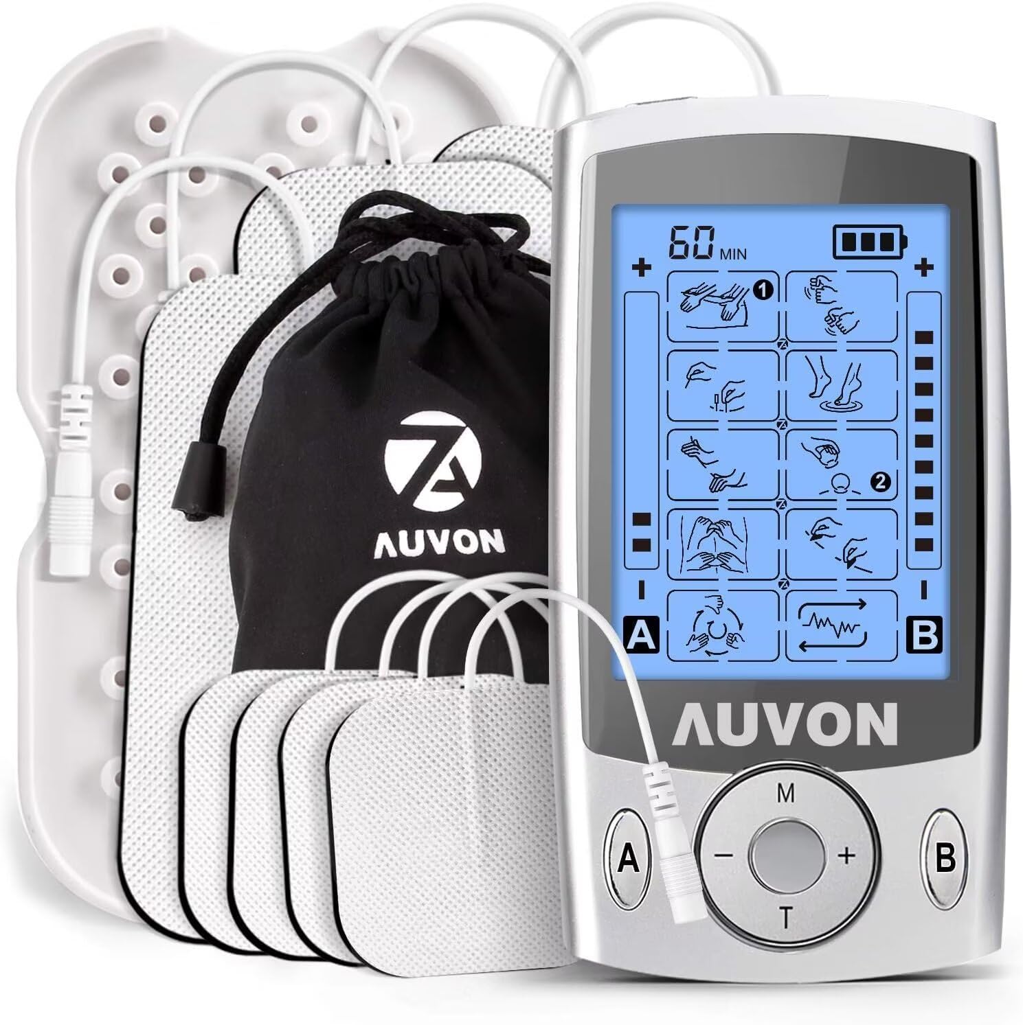 AUVON Dual Channel TENS Unit Muscle Stimulator Machine with 20 Modes, 2″ and 2″x4″ TENS Unit Electrode Pads