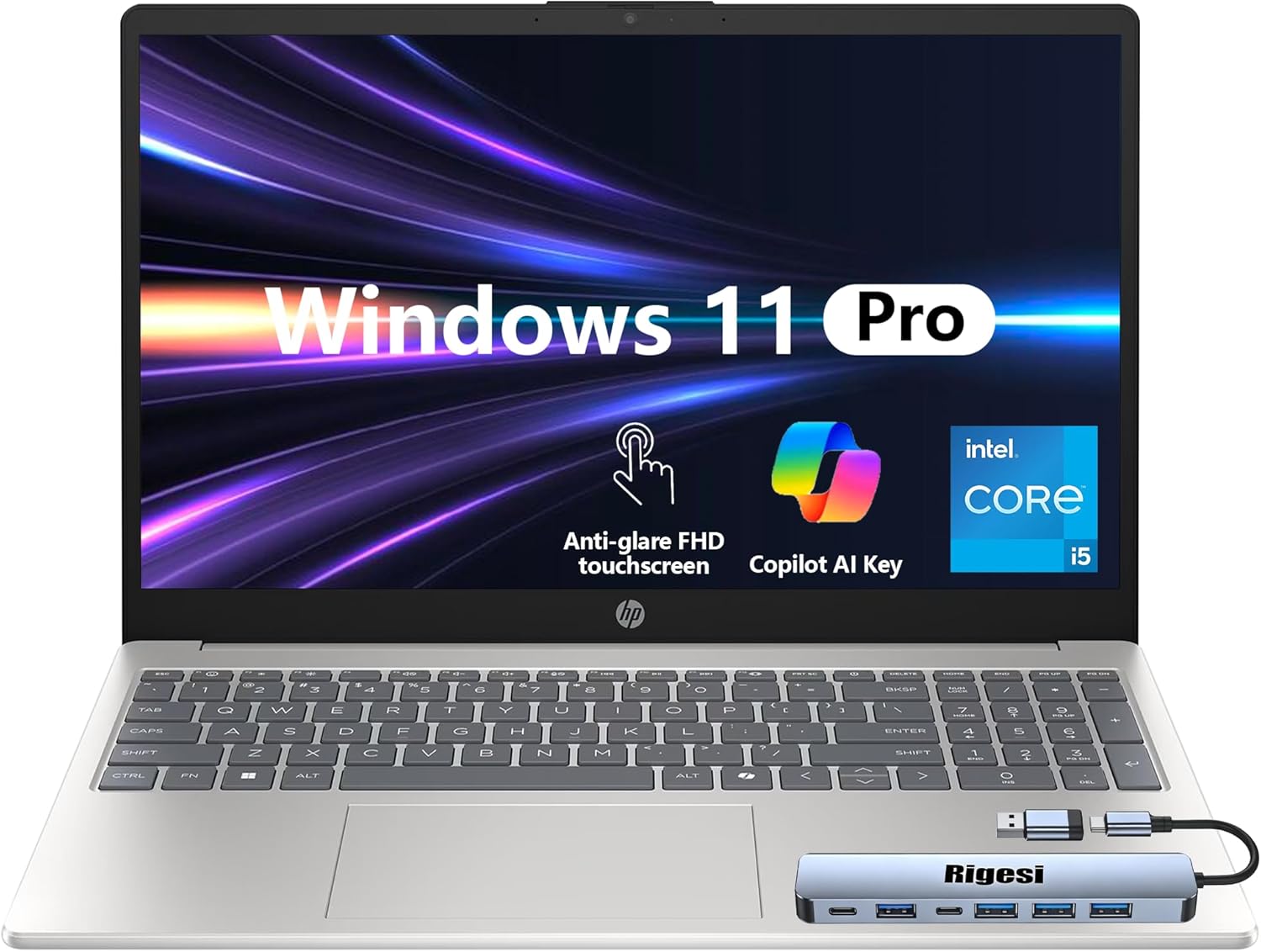 HP 15.6″ FHD Touch Laptop, Intel i5, 16GB RAM, 512GB SSD, Windows 11 Pro, Wi-Fi 6, Flagship Business Laptop Bundle with Docking Station – Natural Silver