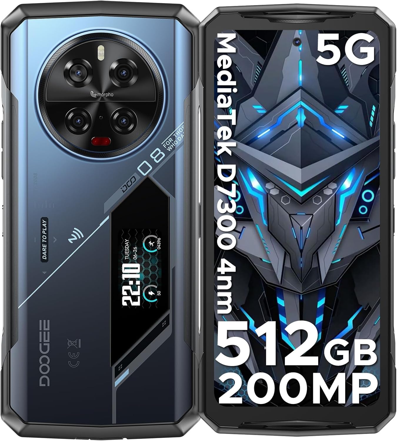 DOOGEE V40 Pro 5G Rugged Phone, 4nm D7300 CPU, 36GB RAM+512GB ROM Android Rugged Smartphone, 6.78″ FHD+120Hz Screen, Rugged Cell Phone with 1.47″ Rear Screen, 200MP AI Camera, NFC/WiFi 6