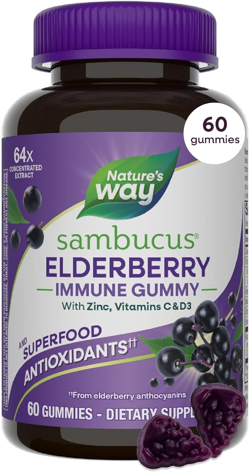 Nature’s Way Sambucus Elderberry Immune Gummies, Daily Immune Support for Kids and Adults*, with Vitamin C, Vitamin D3, Zinc, Gluten Free, Vegetarian, 60 Gummies (Packaging May Vary)