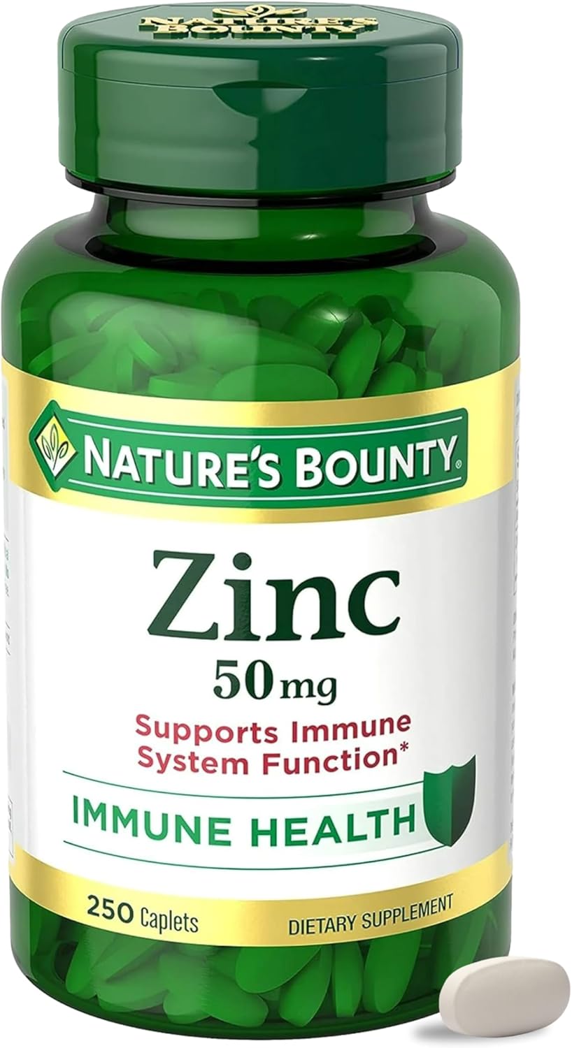 Nature’s Bounty Zinc 50mg, Immune Support & Antioxidant Supplement, Promotes Skin Health, 1 Caplet Per Day, Gluten Free, 250 Vegetarian Caplets