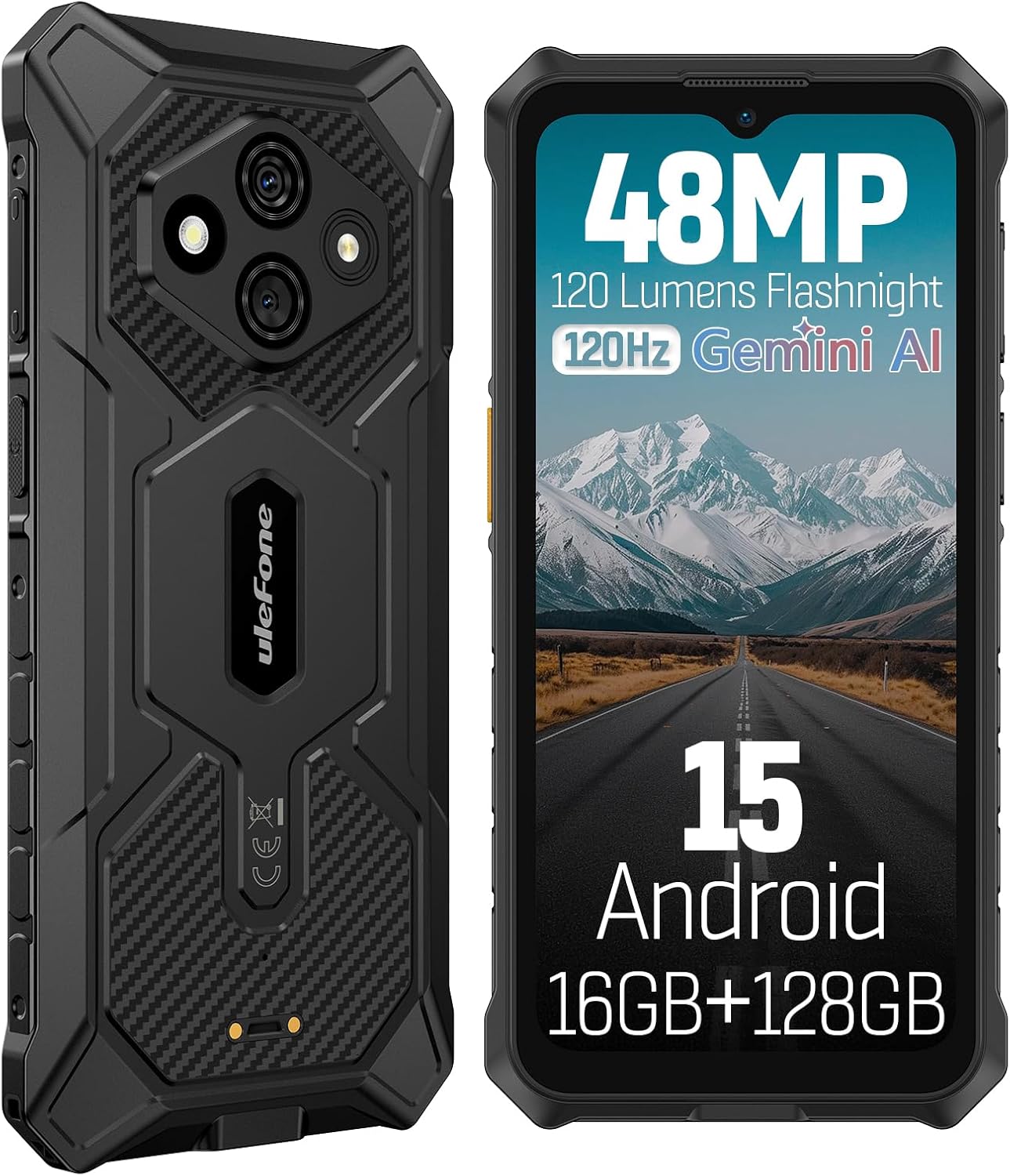 Ulefone RugKing 3 Pro Rugged Phone Unlocked, Octa-core 16GB+128GB/2TB, Android 15, 6.56″ 120Hz, 48MP+2MP+8MP, 5600mAh, IP69K & IP68 Proof, Water-Lock, Dock Charging, Al Assistant(Gemini), Black