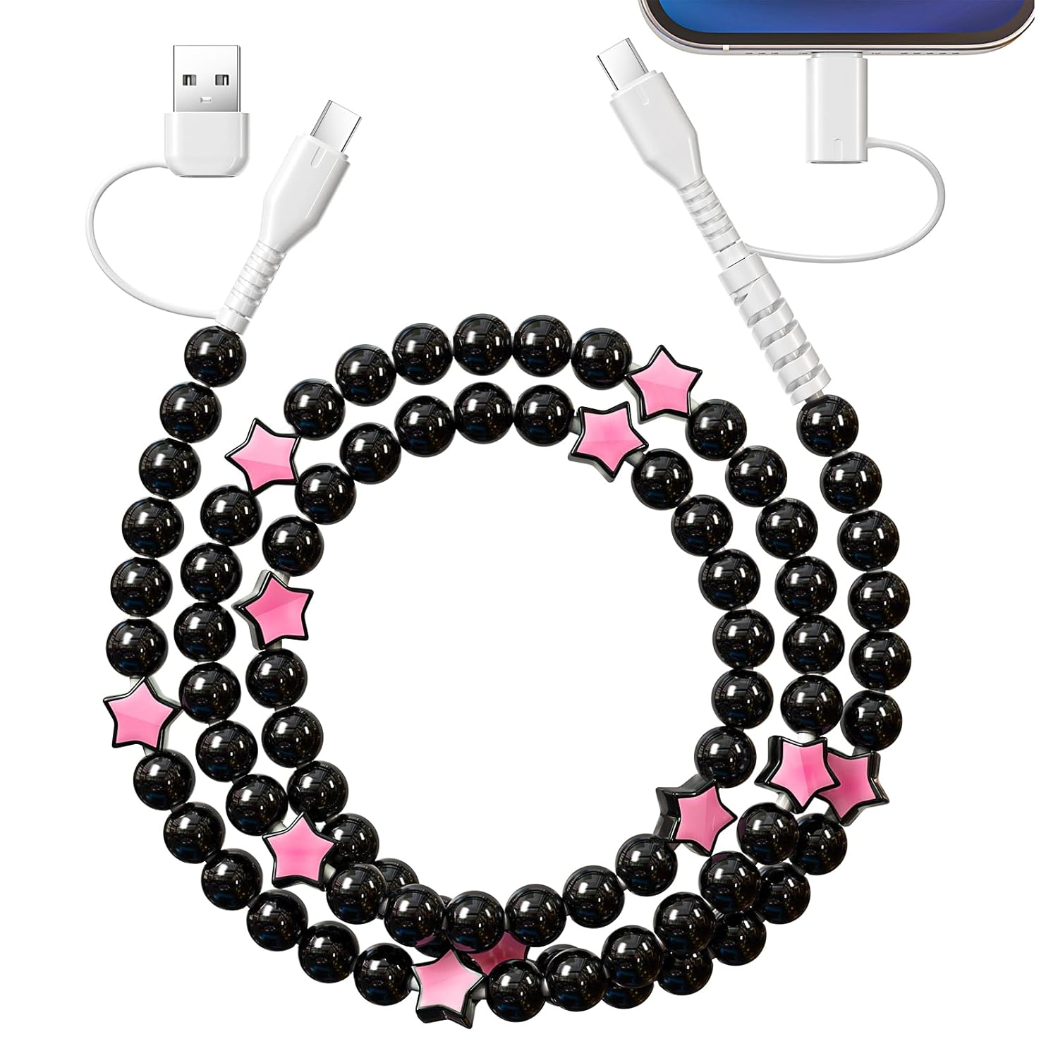 VOFUOE USB C Cable for iPhone 17 Charging Cable USB A to Type C Cable 4 in 1 Multi Charging Cord Star Beaded Charger Cable 3.3FT Fast Charging for iPhone 16/15, Galaxy S24/S25 Ultra-Black & Pink
