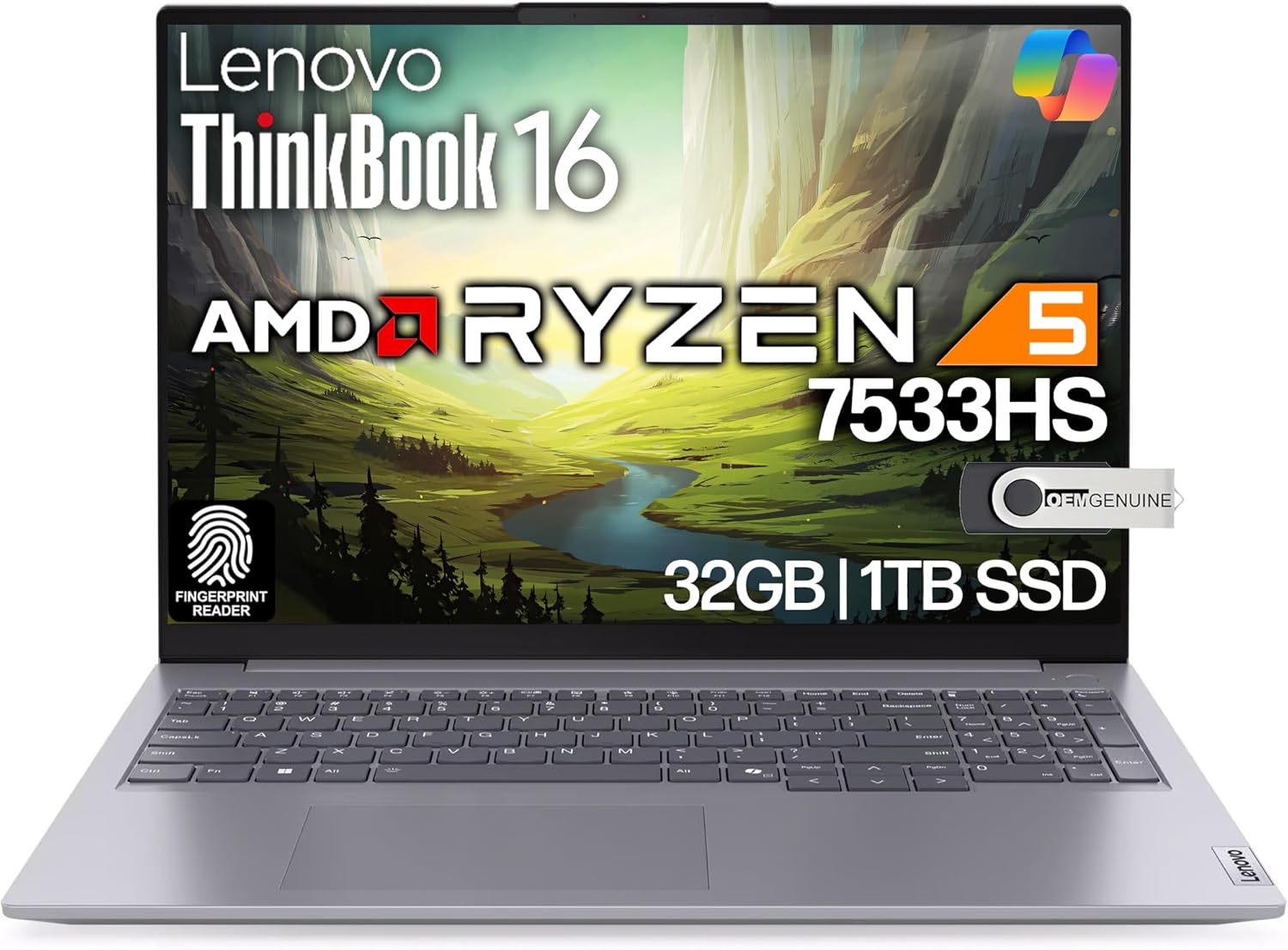 Lenovo ThinkBook 16 G7 Business Laptop, 16” FHD+, AMD Ryzen 5 7533HS, 32GB DDR5, 1TB NVMe, WiFi 6 + BT, RJ-45, HDMI, Fingerprint Reader, HD Webcam, Win 11 Pro
