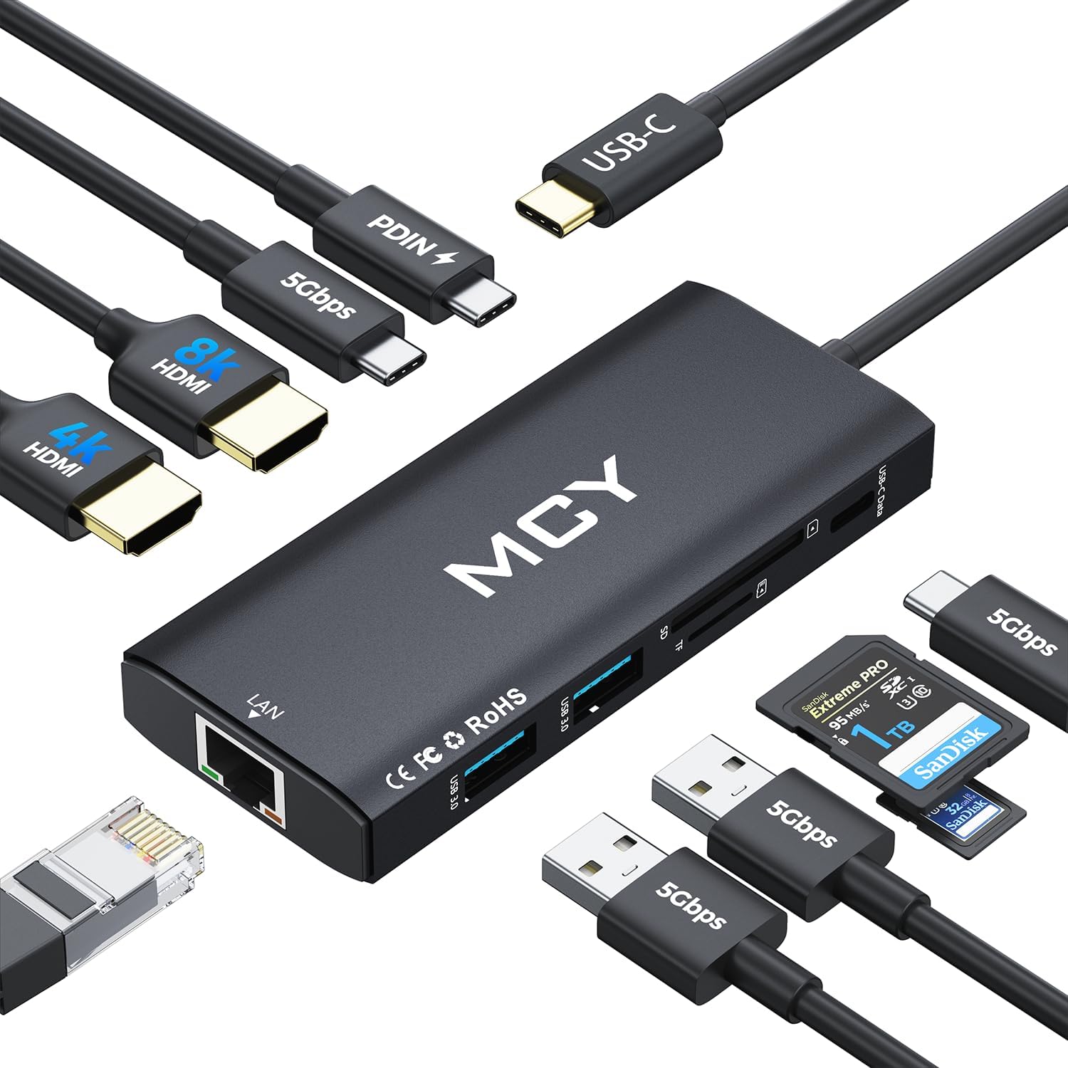 MCY USB C Hub,Laptop Docking Station Dual Monitor Single 8K,2x4K@60Hz,10in1 Type-C Multiport Adapter with PD100W,Card Reader,Extender,Splitter,Ethernet Dock for MacBook Ipad Pro/Dell/HP/Surface etc.