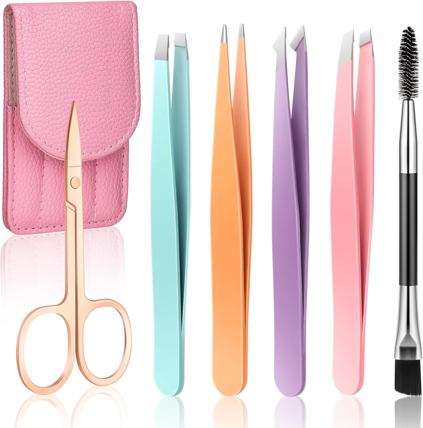 Tweezers Set for Women and Men Facial Hair, Precision Tweezer for Eyebrows with Curved Scissor and Eyebrow brush for Ingrown Hair with Leather Travel Case (Multi-colored)