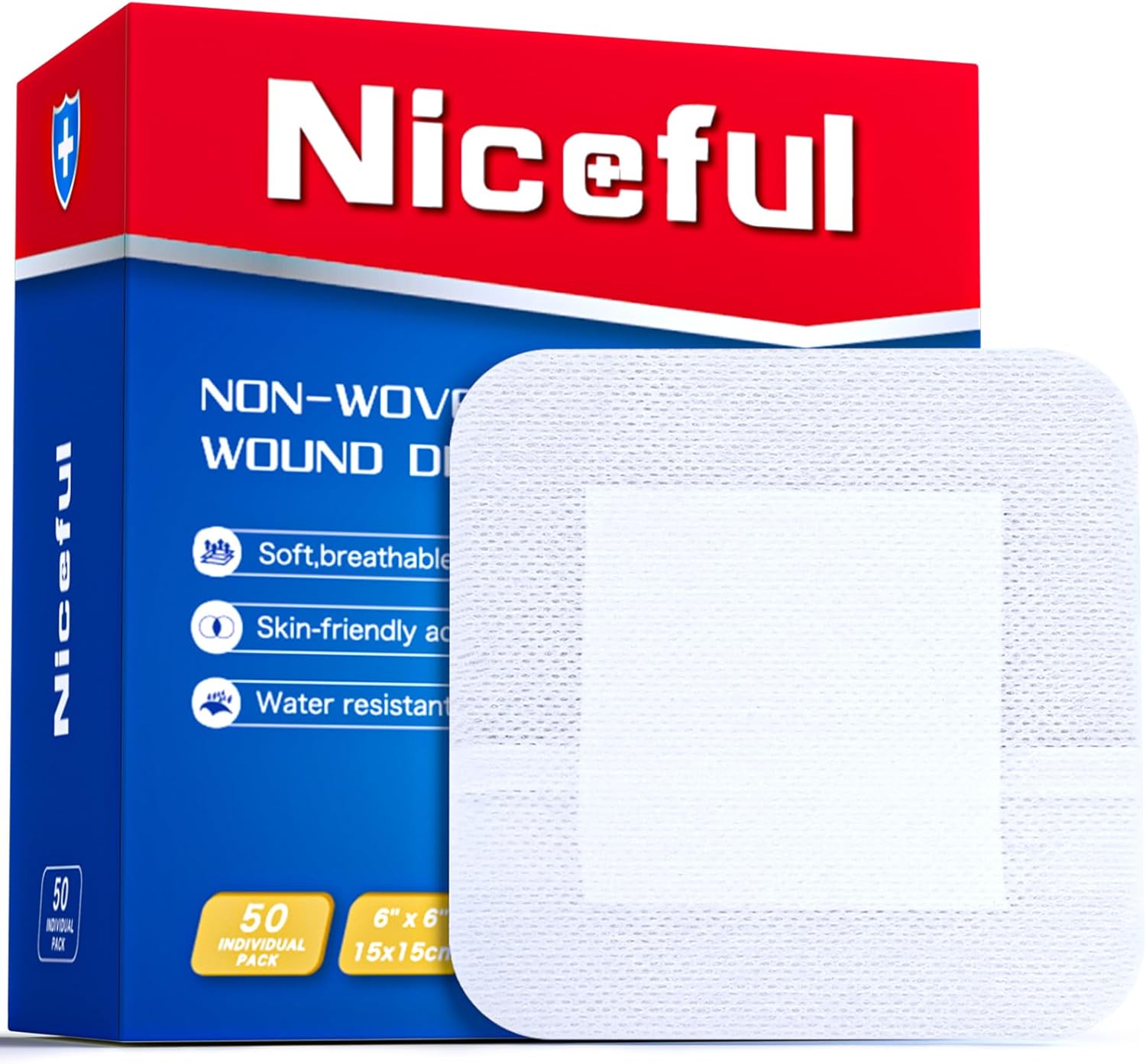 50Pcs Adhesive Gauze Island Dressing 6″x6″, Water-Resistant Wound Dressing, Sterile & Absorbent Medical Grade Dressing Pad First Aid Dressing Pads