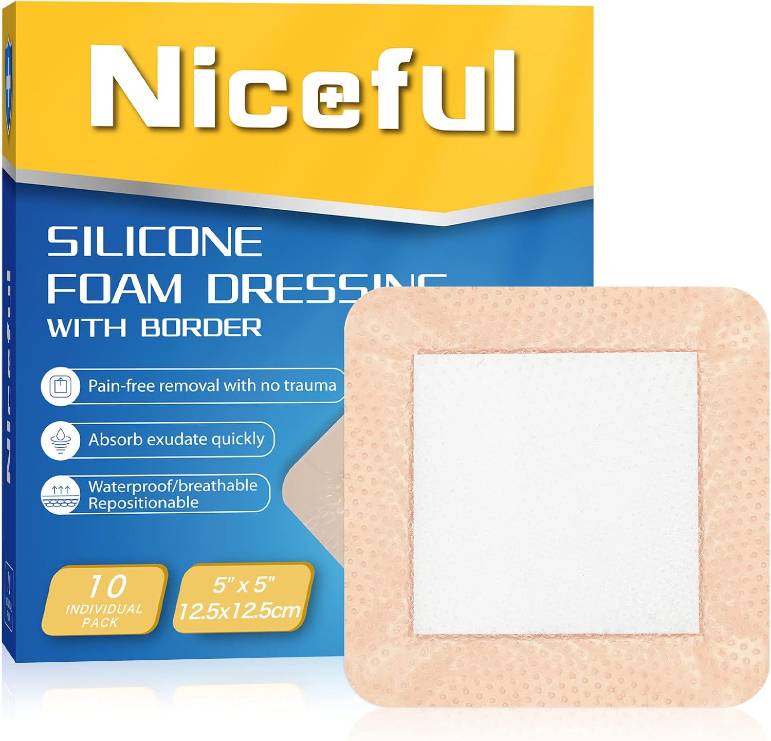 Silicone Foam Dressing | Large Bandages for Wounds Pressure Sores Post-Surgery 5″x5″ （10Pcs）