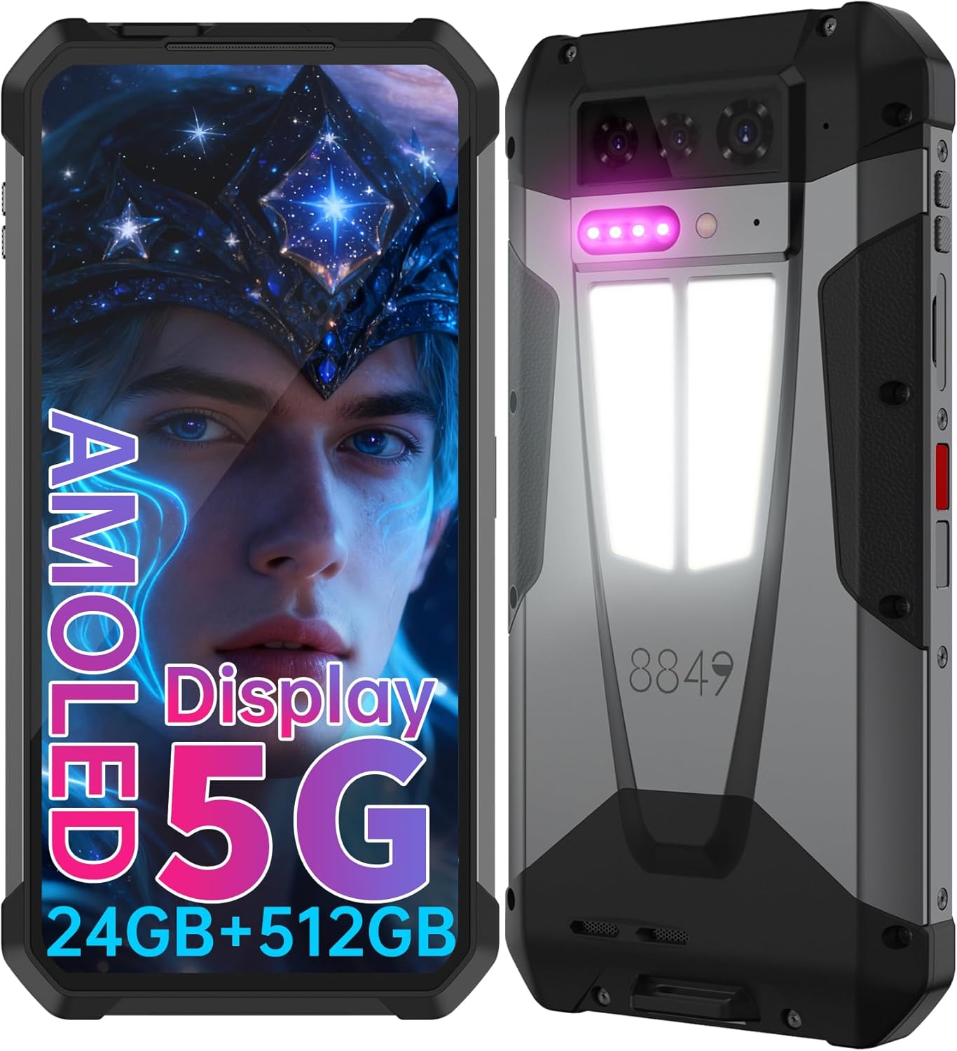 8849 Tank 4 Rugged Smartphone Unlocked, 5G Android 14 Mobile Phones with 100 Lumens Projector, 6.78’’ AMOLED Screen Waterproof Rugged Phone 512GB, 24GB RAM/1200LM Camping Light/OTG/11600mAh(66W)/GPS