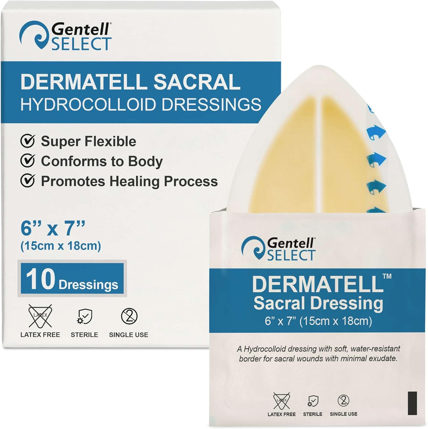 Dermatell Hydrocolloid Bandages 6×7 Sacral Dressing for Buttocks, 10 Pack, Non Bordered Wound Dressings – Soft Hydro Colloid Gel Layer for Comfort and Protection