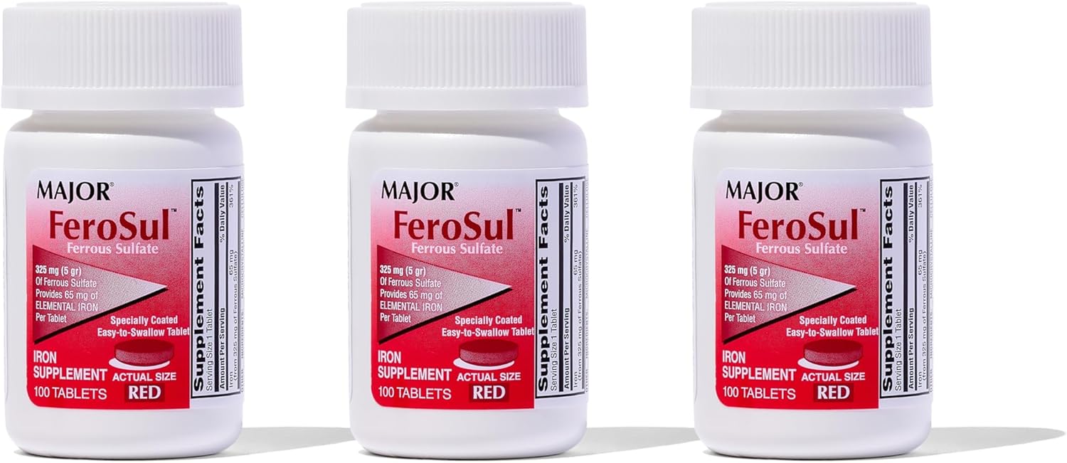 MAJOR Ferosul – Ferrous Sulfate 325mg Tablets with 65mg of Elemental Iron – Iron Supplement for Women, Men – Red – 100 Count (3 Pack)