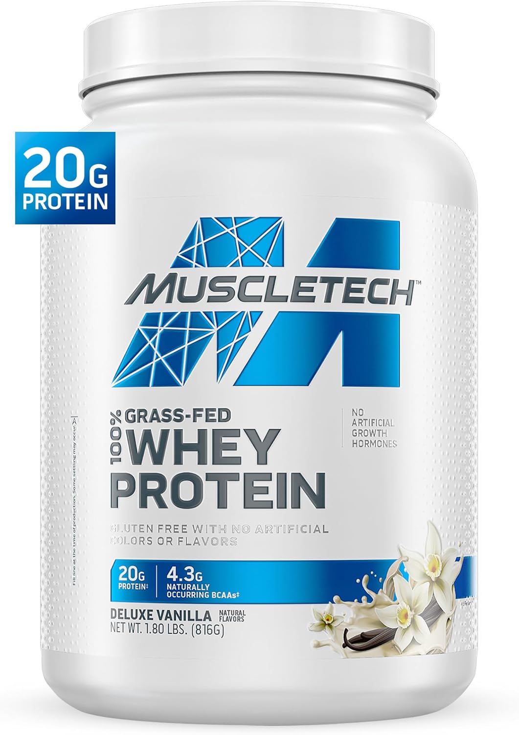 Muscletech Grass-Fed Whey Protein Powder (Deluxe Vanilla, 1.8LB) – Whey Protein Smoothie & Milk Shake Mix Supports Muscle Gain & Recovery – 20g of Whey Protein for Women & Men – Non-GMO & Gluten-Free