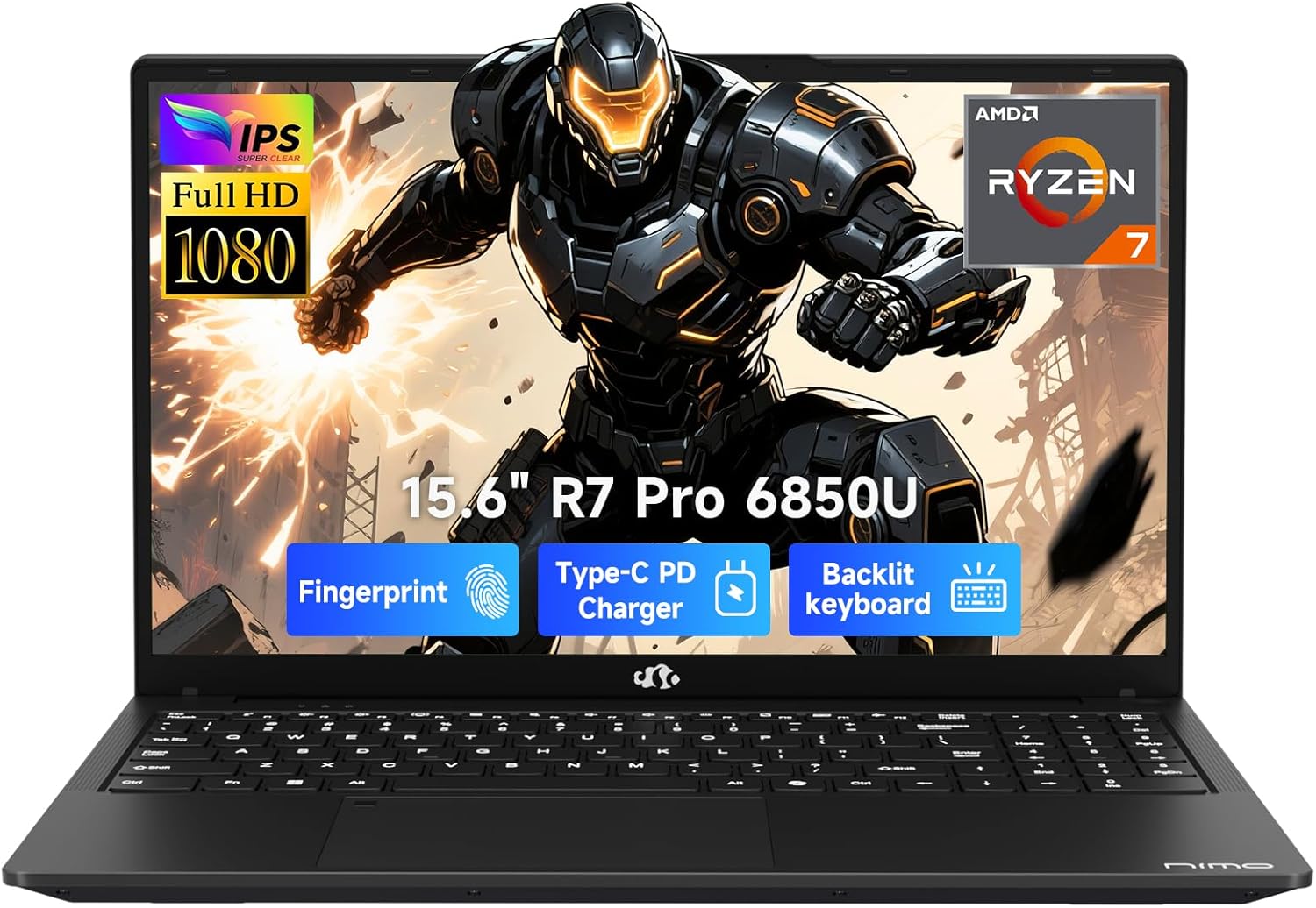 NIMO 15.6″ Light-Gaming-Laptop, 8 Cores AMD Ryzen 7 Pro 6850U 16GB LPDDR5 RAM 512GB SSD (Beat i7-1360P Up to 4.7GHz) AMD Radeon 680M GPU IPS FHD Computer with 100W Type-C Charger Fingerprint BK