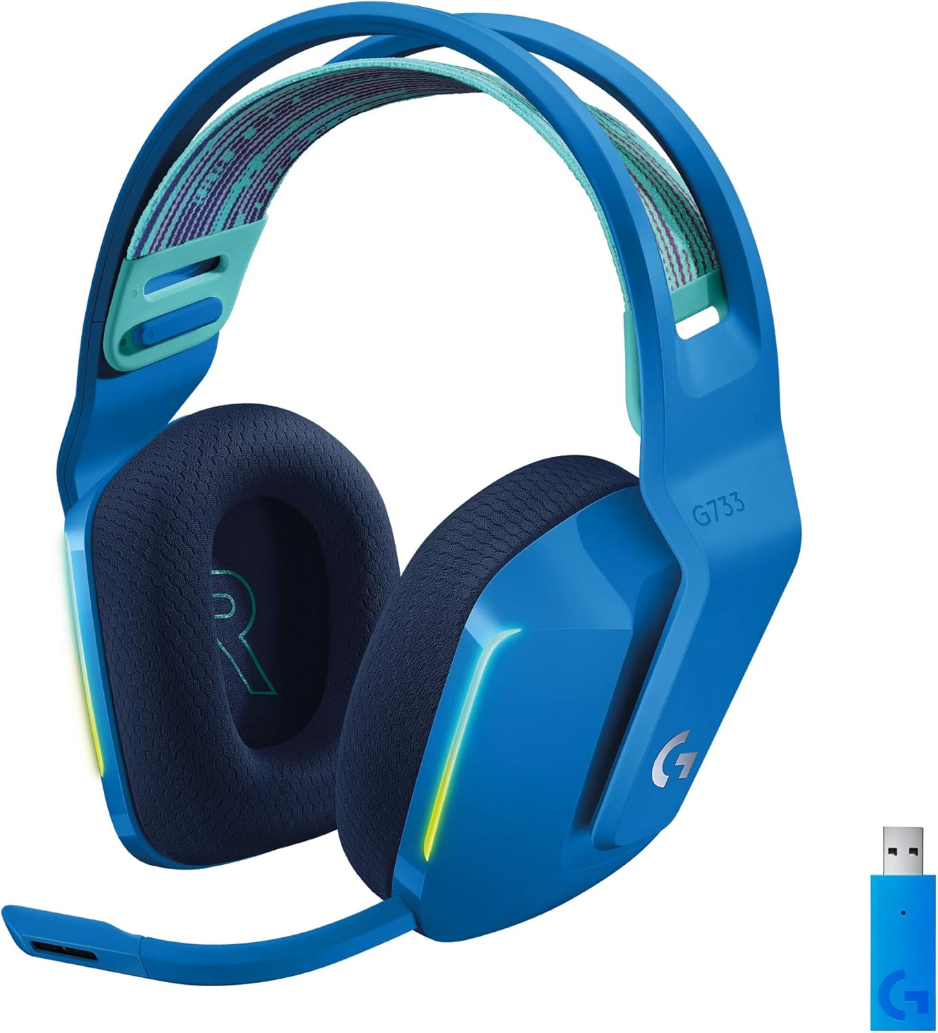 Logitech G733 Lightspeed Wireless Gaming Headset with Suspension Headband, LIGHTSYNC RGB, Blue VO!CE mic Technology and PRO-G Audio Drivers – Blue