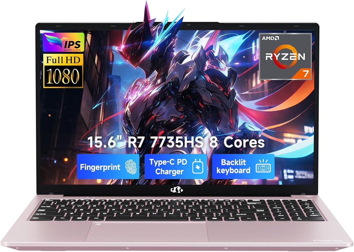 NIMO Thin & Light Gaming Laptop, 15.6″ FHD IPS Display, AMD R7 7735HS(Up to 4.75 GHz, Beat i7-12650H) Computer with 16GB DDR5 RAM 512GB SSD, 180° Vewing, Radeon 680M, Portable for Business, College