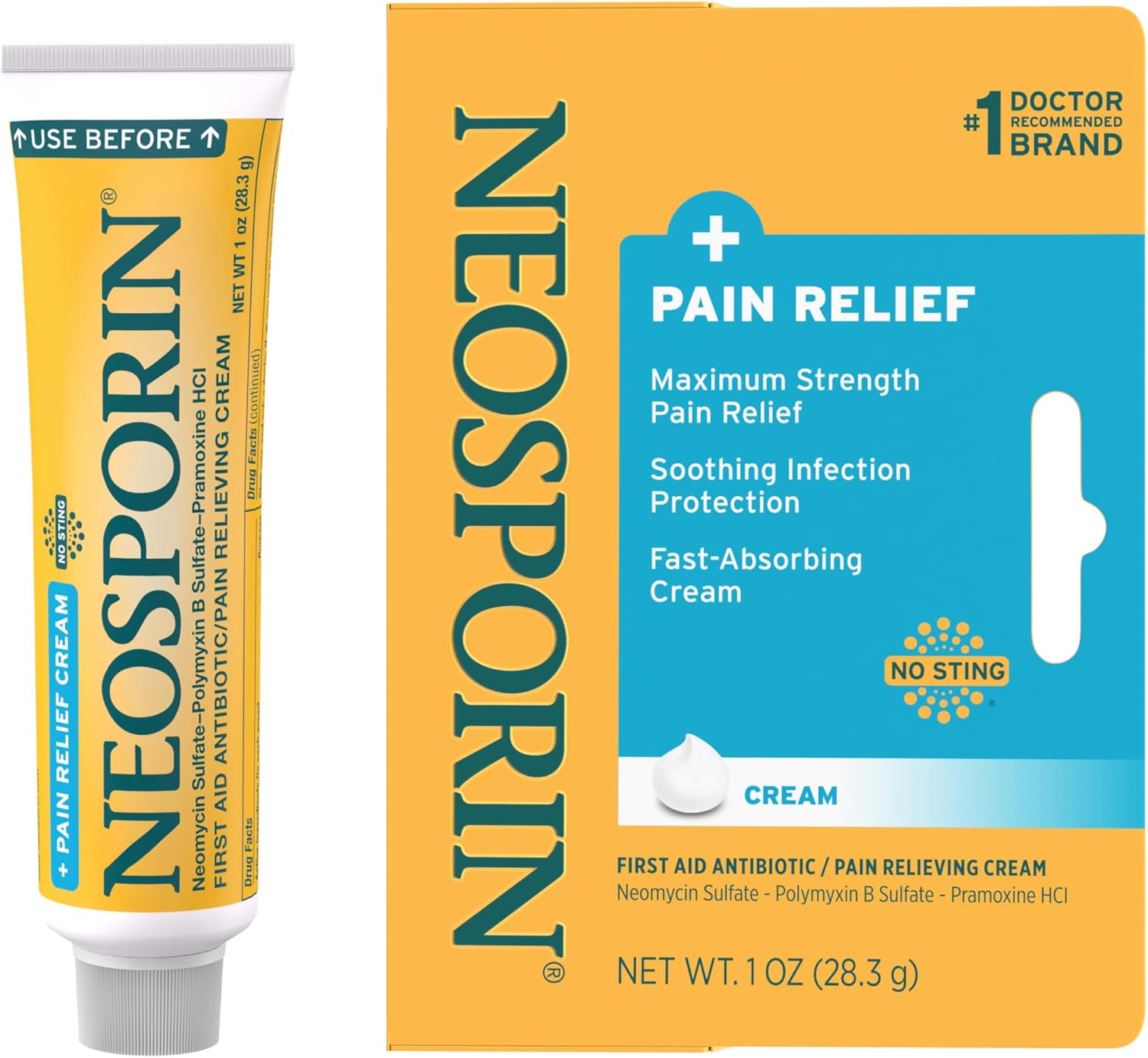 Neosporin + Maximum-Strength Pain Relief Dual Action Cream, First Aid Topical Antibiotic and Analgesic Cream for Soothing Infection Protection & Wound Care of Minor Cuts, Scrapes & Burns, 1 oz