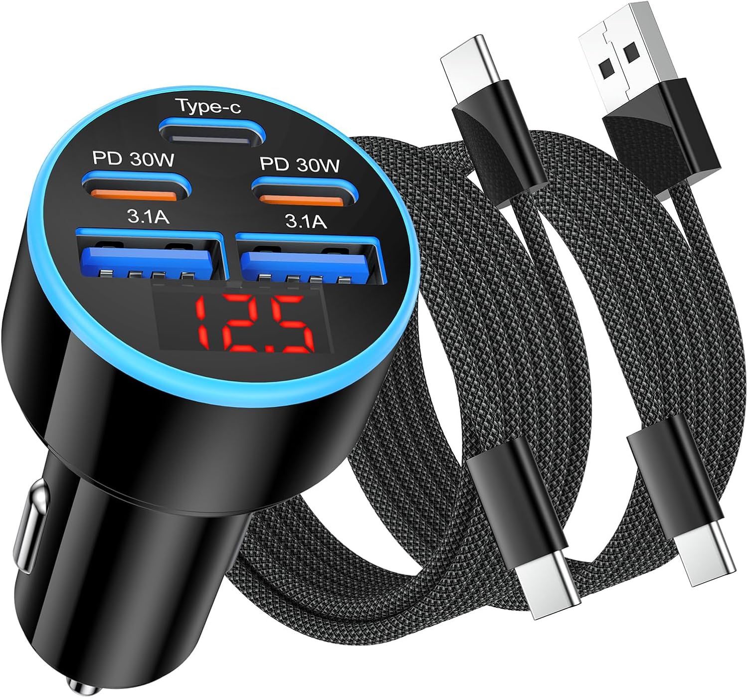 [5 in 1] USB C Car Charger, 5-Port 90W Fast Charging Cigarette Lighter Adapter with USBC Cable,Dual 30W USBC & USB-A Multiport Car Phone Charger with Voltmeter for iPhone 17/16/15 Pro Max,iPad,Galaxy