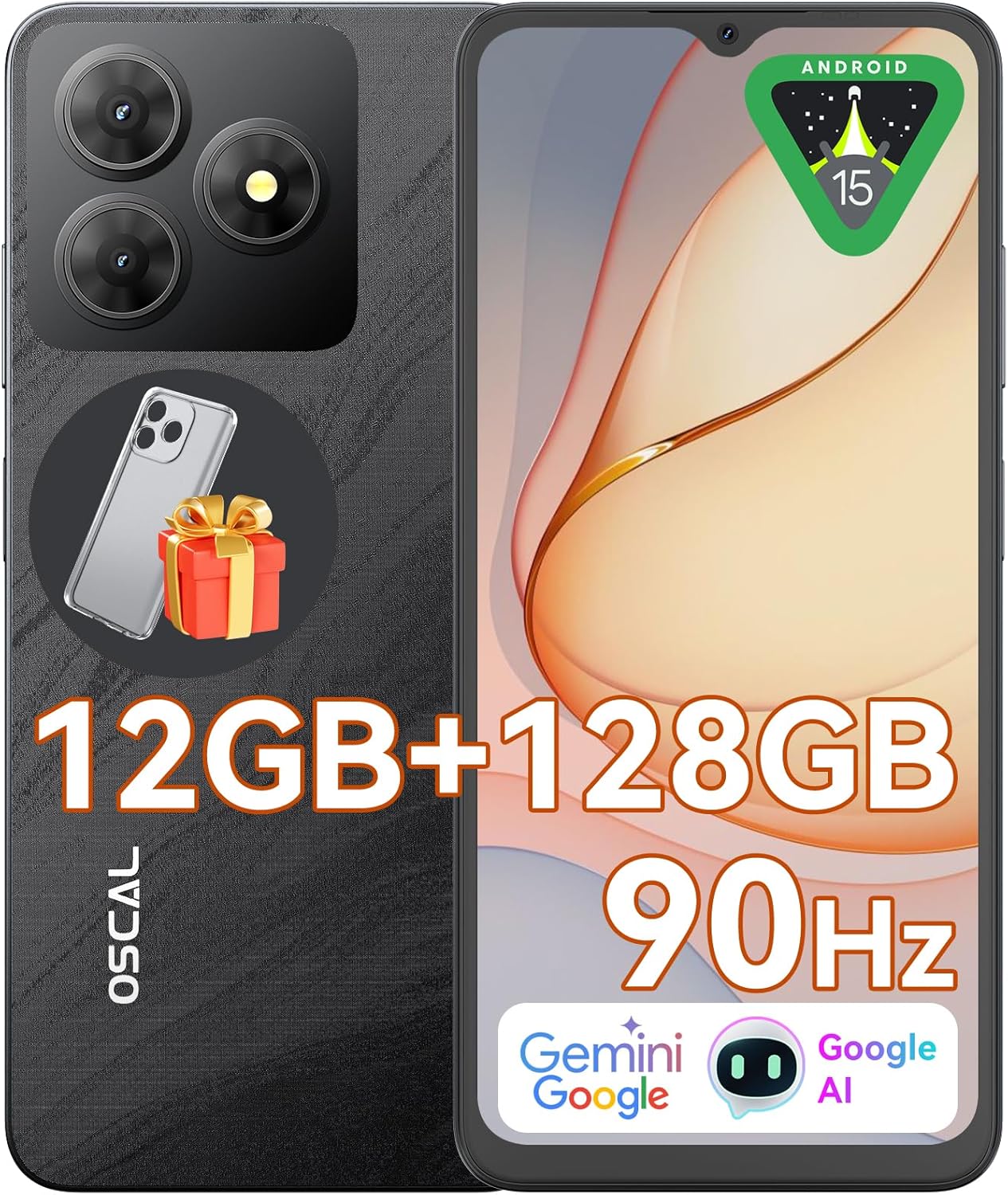 OSCAL Android Phones Unlocked for T-Mobile, FLAT 2 Android 15 Phone(2026), 12GB+128GB/2TB TF Octa Core, Dual SIM Phones Unlocked (US Warranty), 5000mAh, 90Hz,6.56″HD+, 4G/GPS/Fingerprint/Face ID-Black