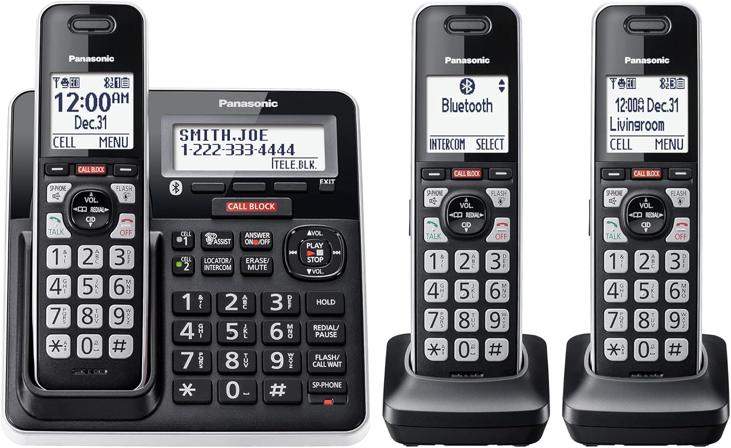 Panasonic Cordless Phone with Advanced Call Block, Link2Cell Bluetooth, One-Ring Scam Alert, and 2-Way Recording, Phone with Answering Machine, 3 Handsets – KX-TGF973B (Black/Silver Trim)