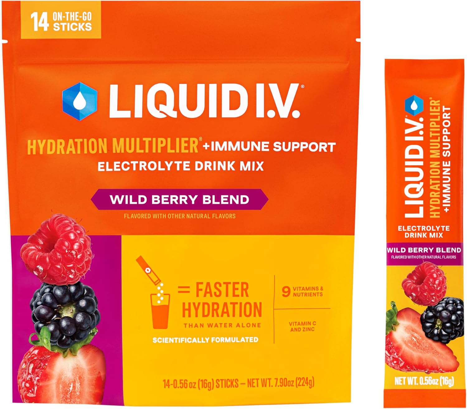 Liquid I.V.® Hydration Multiplier +Immune Support – Wild Berry Blend | Electrolyte Powder Drink Mix | 1 Pack (14 Servings)