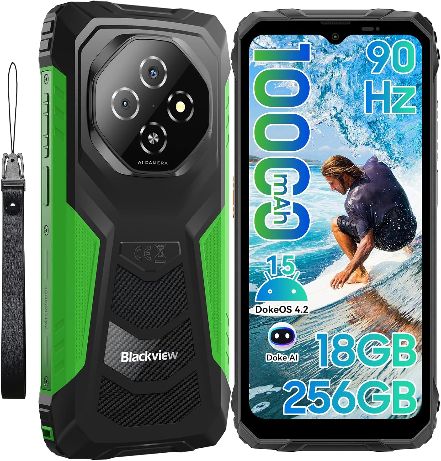 Blackview Fort 1 Rugged Phone Android 15, 18GB+256GB 2TB Expand 10000mAh Battery Rugged Smartphone Unlocked, Gemini AI 6.56 Inch 90Hz, 4G T-Mobile Dual SIM IP69K Waterproof, Fingerprint/NFC/OTG/GPS
