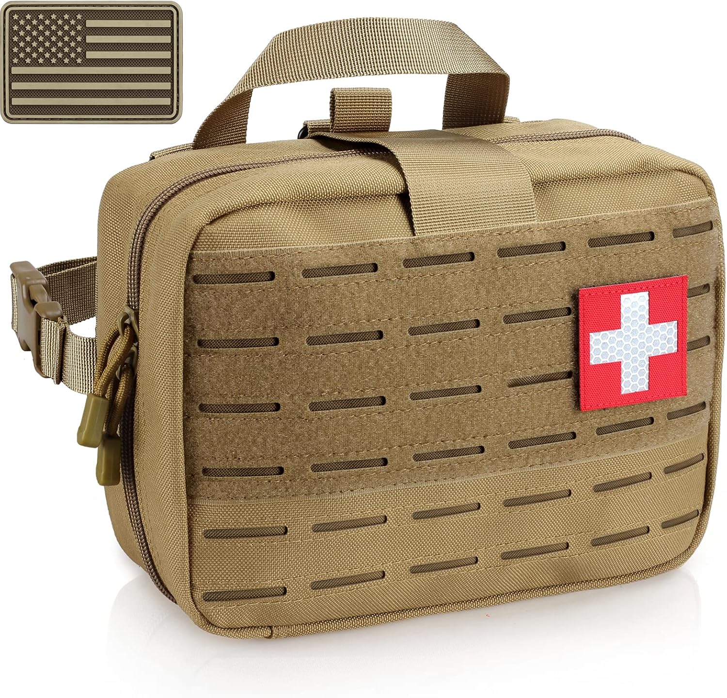 LIVANS Tactical Molle Medical Pouch – Upgraded Size, Large Capacity IFAK Pouch with Detachable Quick Release and Headrest Mount, Includes Flag and Cross Patch