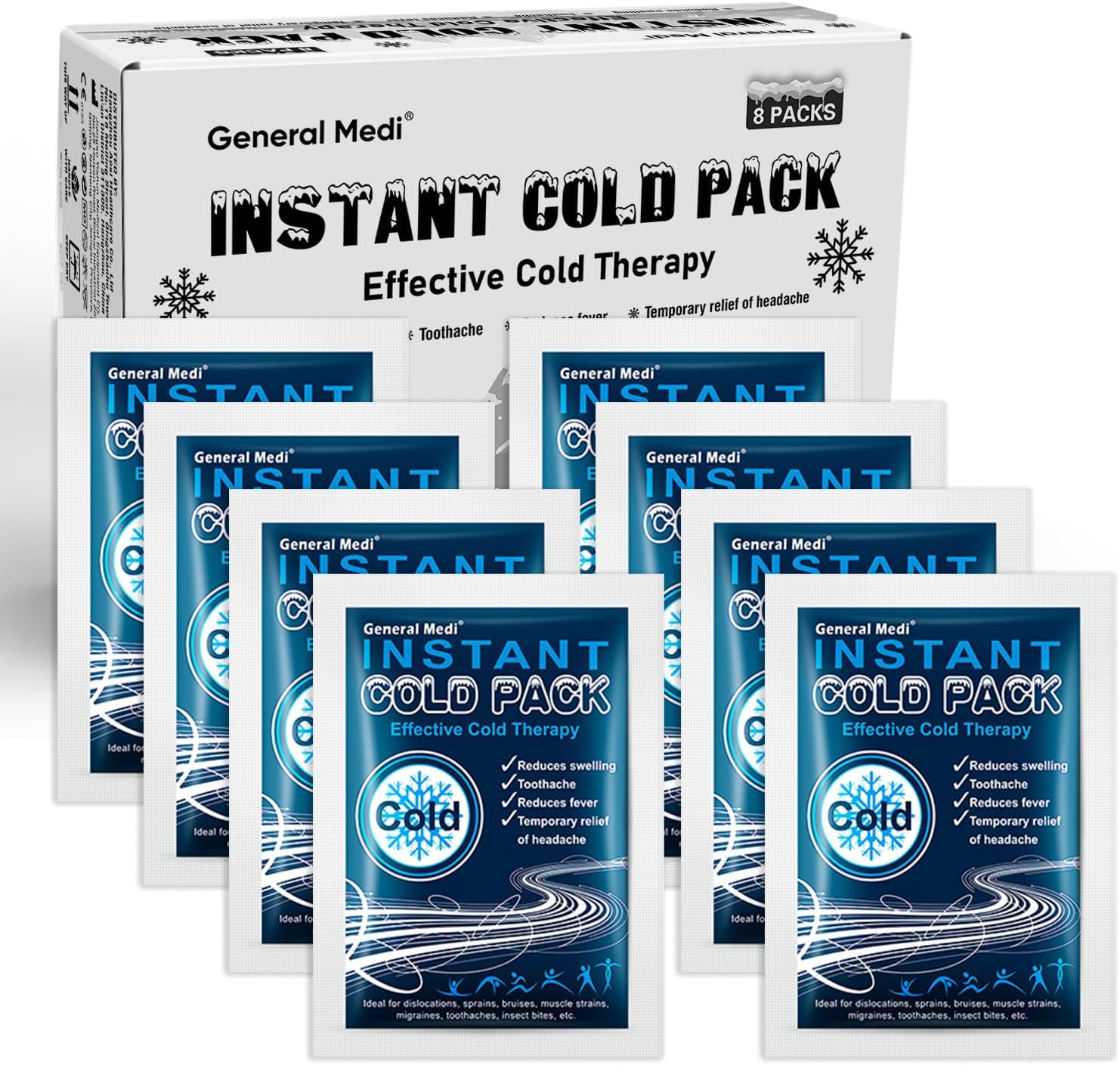 General Medi Instant Ice Cold Pack (4”x 5.5”) – 8 Packs Disposable Cold Therapy Ice Packs for Pain Relief, Swelling, Inflammation, Sprains, Toothache – for Athletes & Outdoor Activities