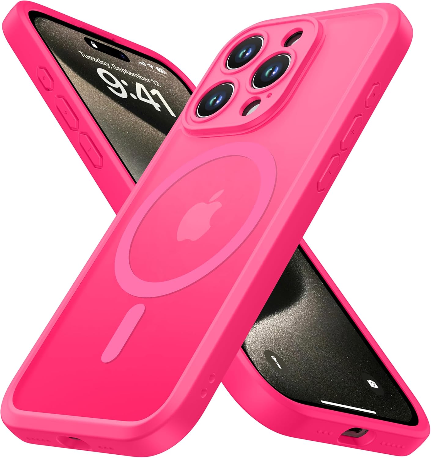 ImpactStrong Magnetic Guard Designed for iPhone 15 Pro Max Case [Camera Protection] [Military Grade Drop Tested] [Compatible with MagSafe] Slim Translucent Matte Phone Case (6.7″) – Hot Pink