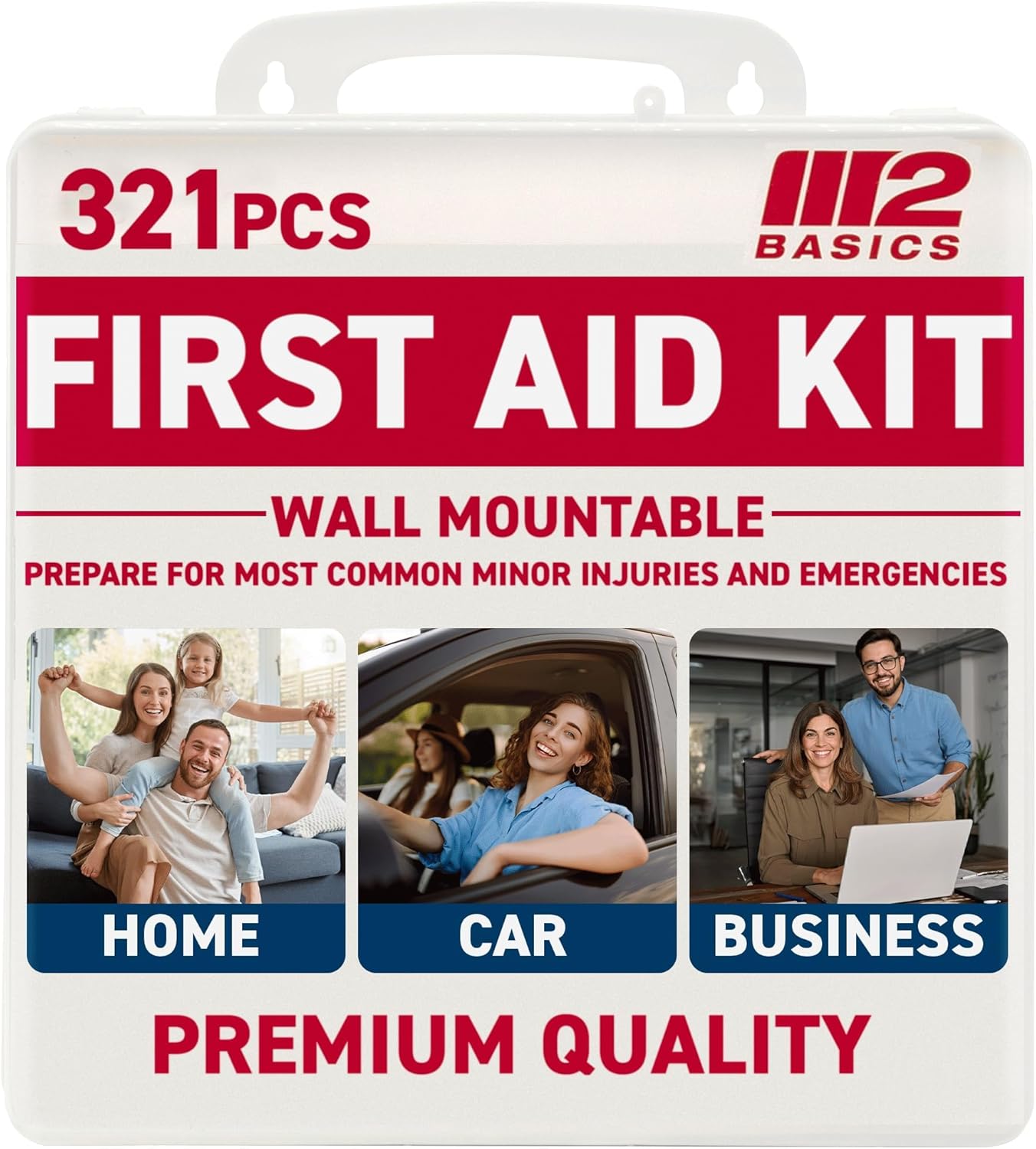 M2 BASICS Premium 321 Piece First Aid Kit, All Purpose Kit with Hard Case for Home, Car, Business, School, Office & Vehicle